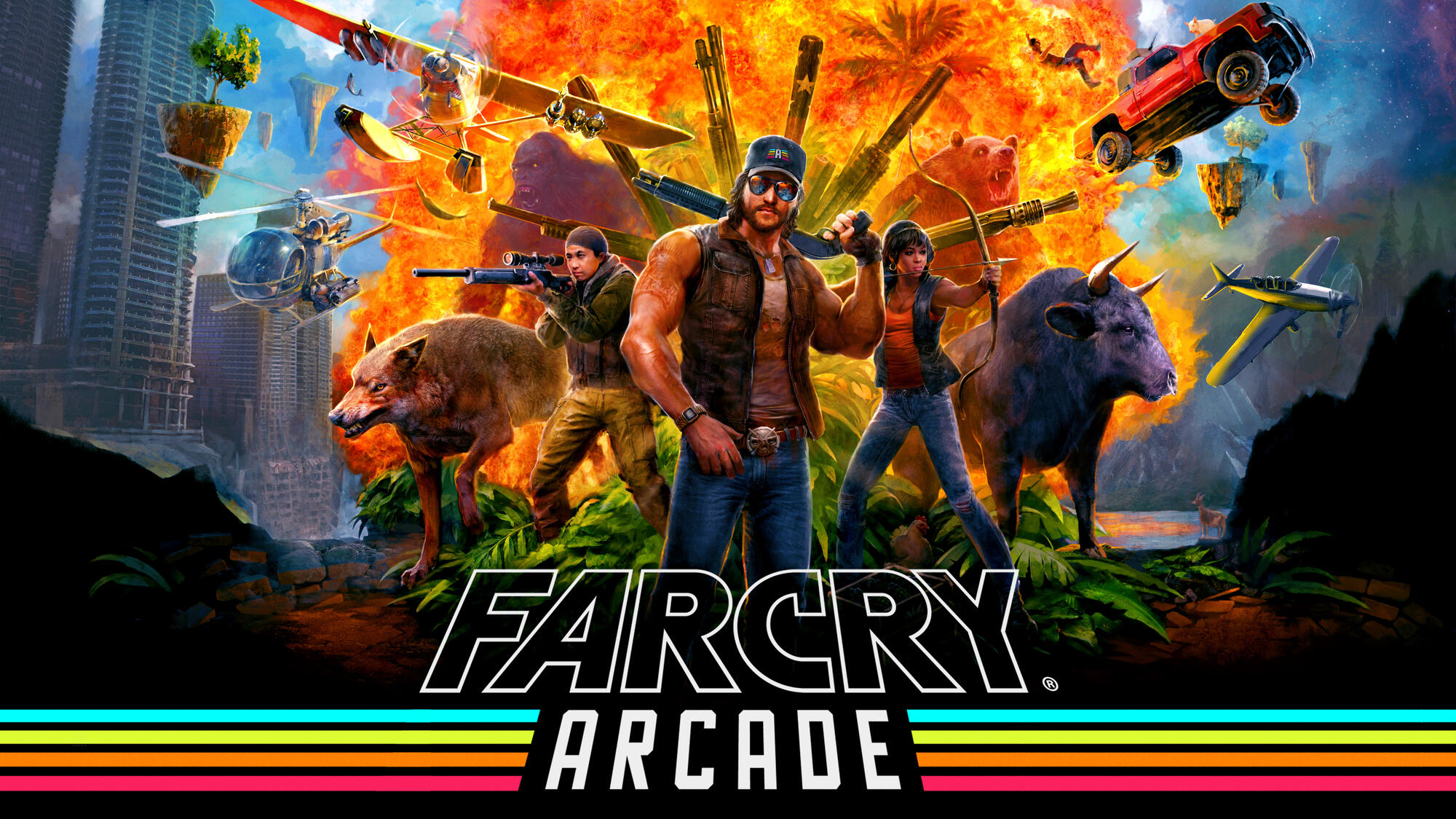 Okładka gry Far Cry Arcade. Różne postacie i pojazdy pośród eksplozji. Gruby tytuł na dole.