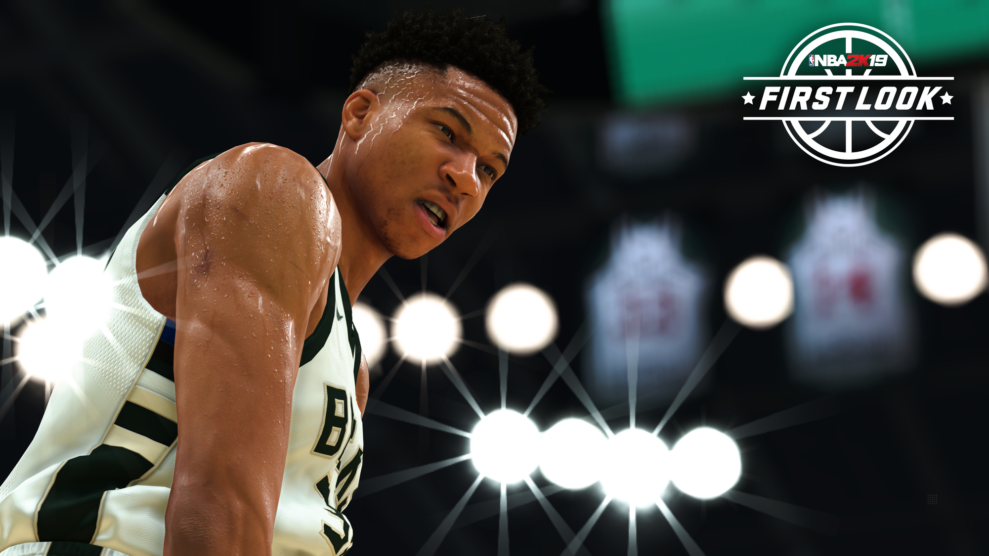 Partita NBA. Un giocatore di basket in maglia, sudato, sguardo intenso. Testo 'First Look'.