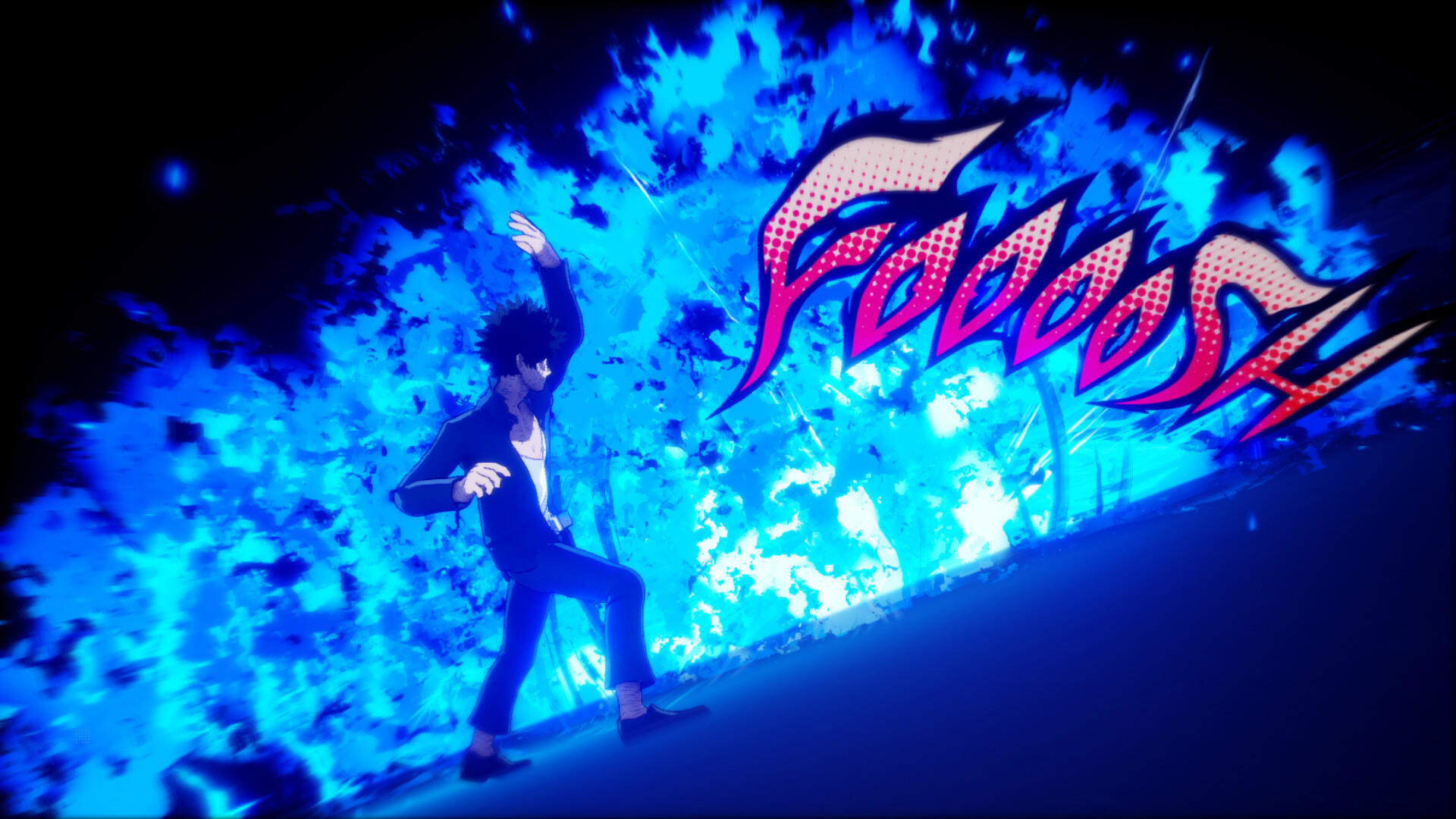 Scena w stylu anime: mężczyzna w ciemnym garniturze, efekty niebieskiej energii, tekst 'FWOOSH'.