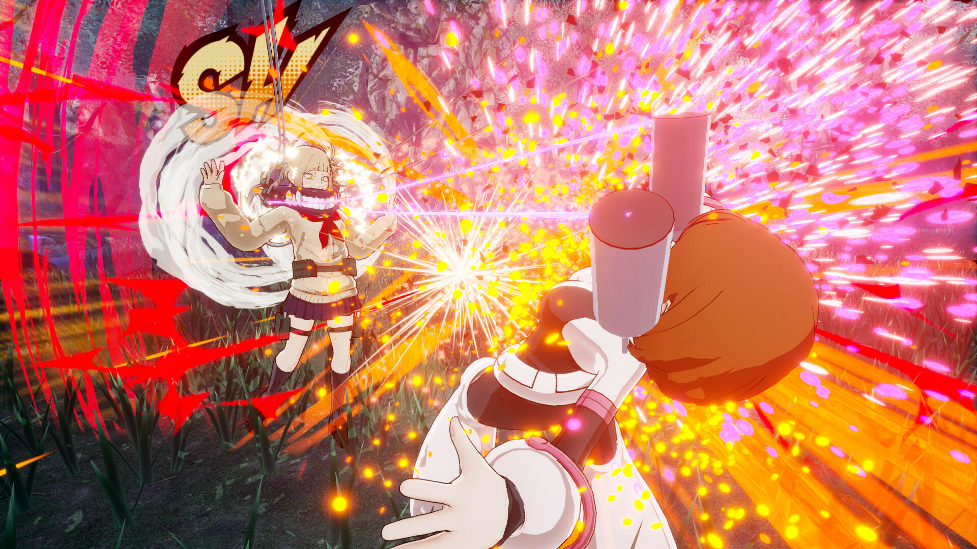 Postacie z anime walczą. Jeden strzela wybuchami energii. Drugi ma białe włosy i czerwony szalik.