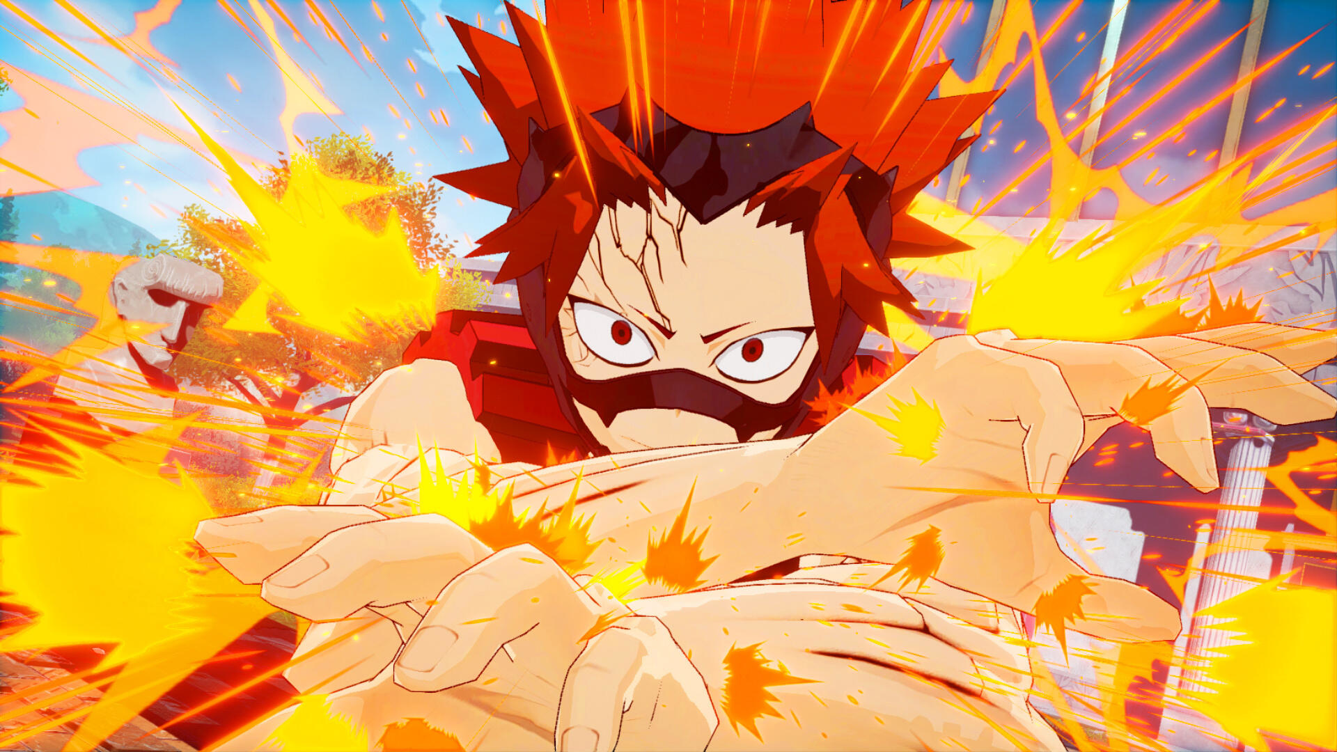 Postać z anime z rudymi włosami i zdecydowanym wyrazem twarzy, otoczona żółtymi błyskami.