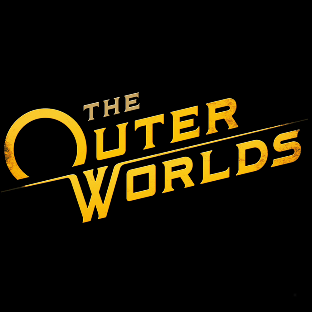 Logo gry The Outer Worlds. Żółty tekst na czarnym tle. Słowa są pochylone.