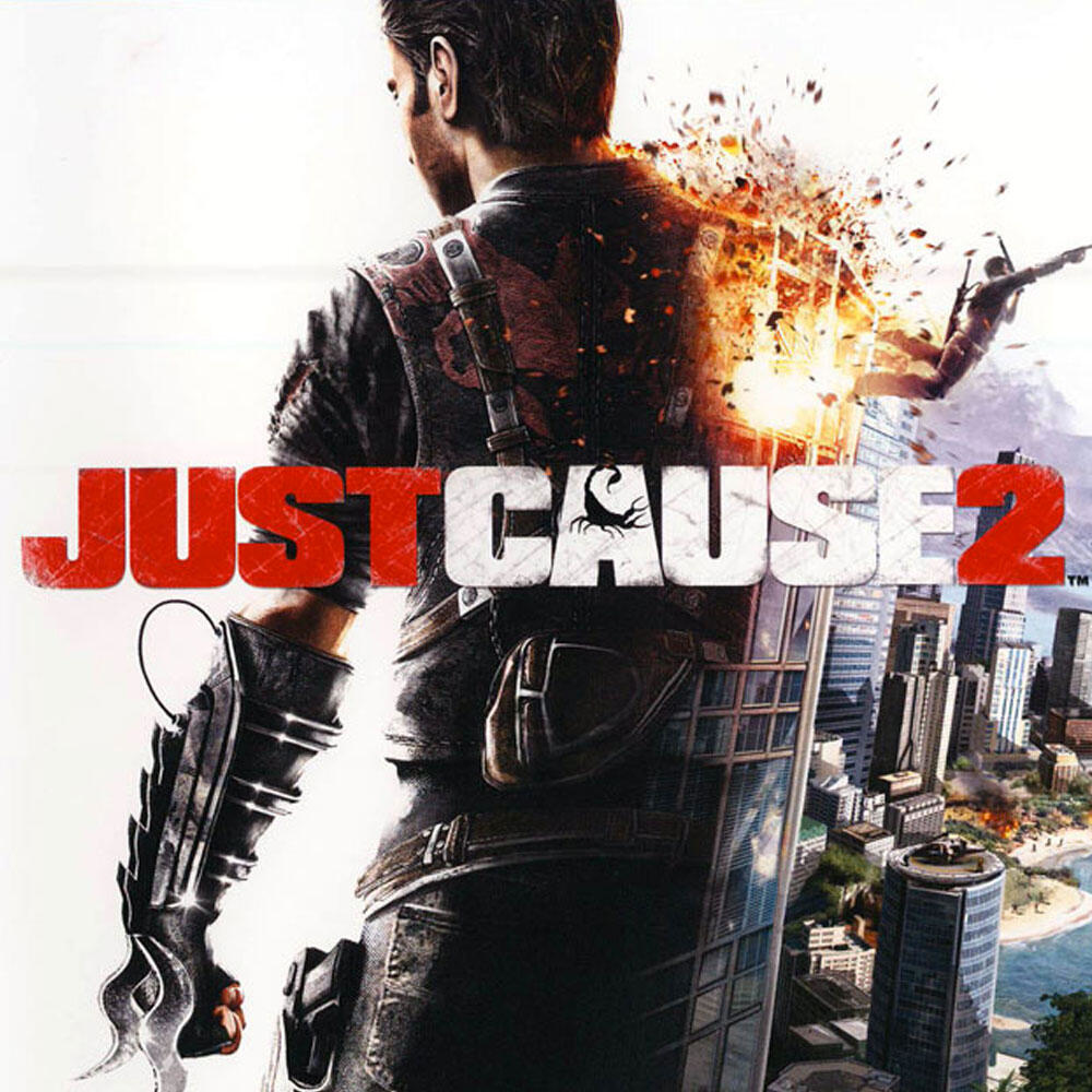 Copertina del videogioco Just Cause 2. Un uomo con esplosioni sullo sfondo.
