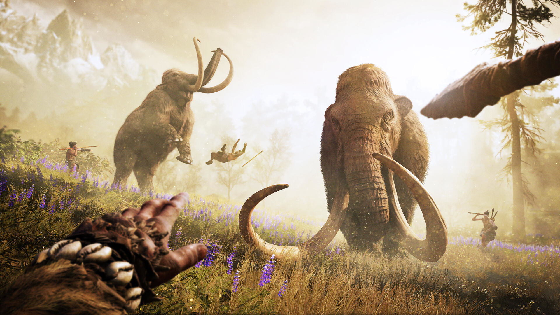 Scena z Far Cry Primal. Dwa mamuty, upadający mężczyzna, dwóch strzela strzałami. Zielony i brązowy.
