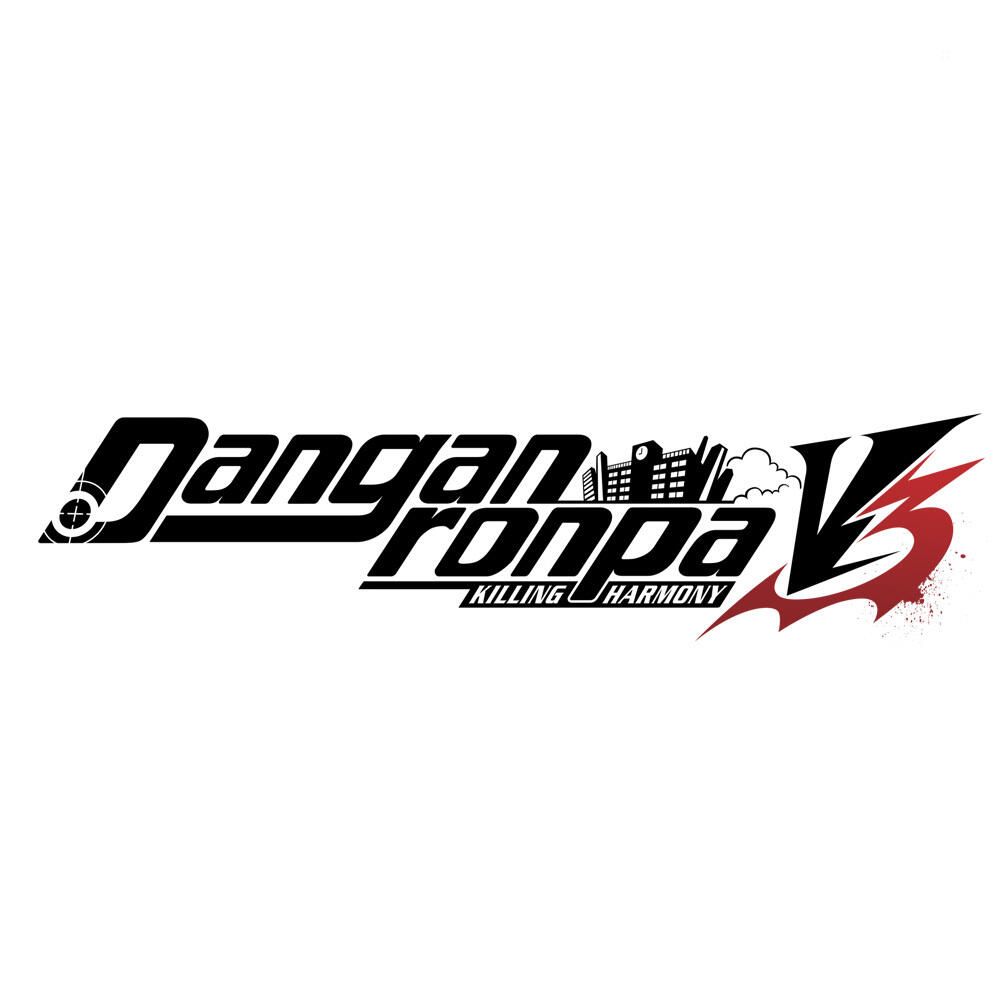 Logo Danganronpa V3, testo nero su bianco. Contiene una V stilizzata con colore rosso e una silhouette di città.