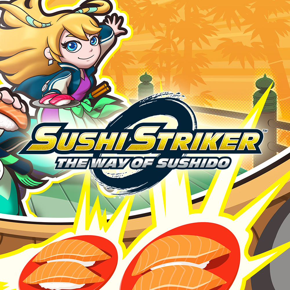 Okładka gry Sushi Striker. Postać anime z sushi i logo w tematyce sushi.