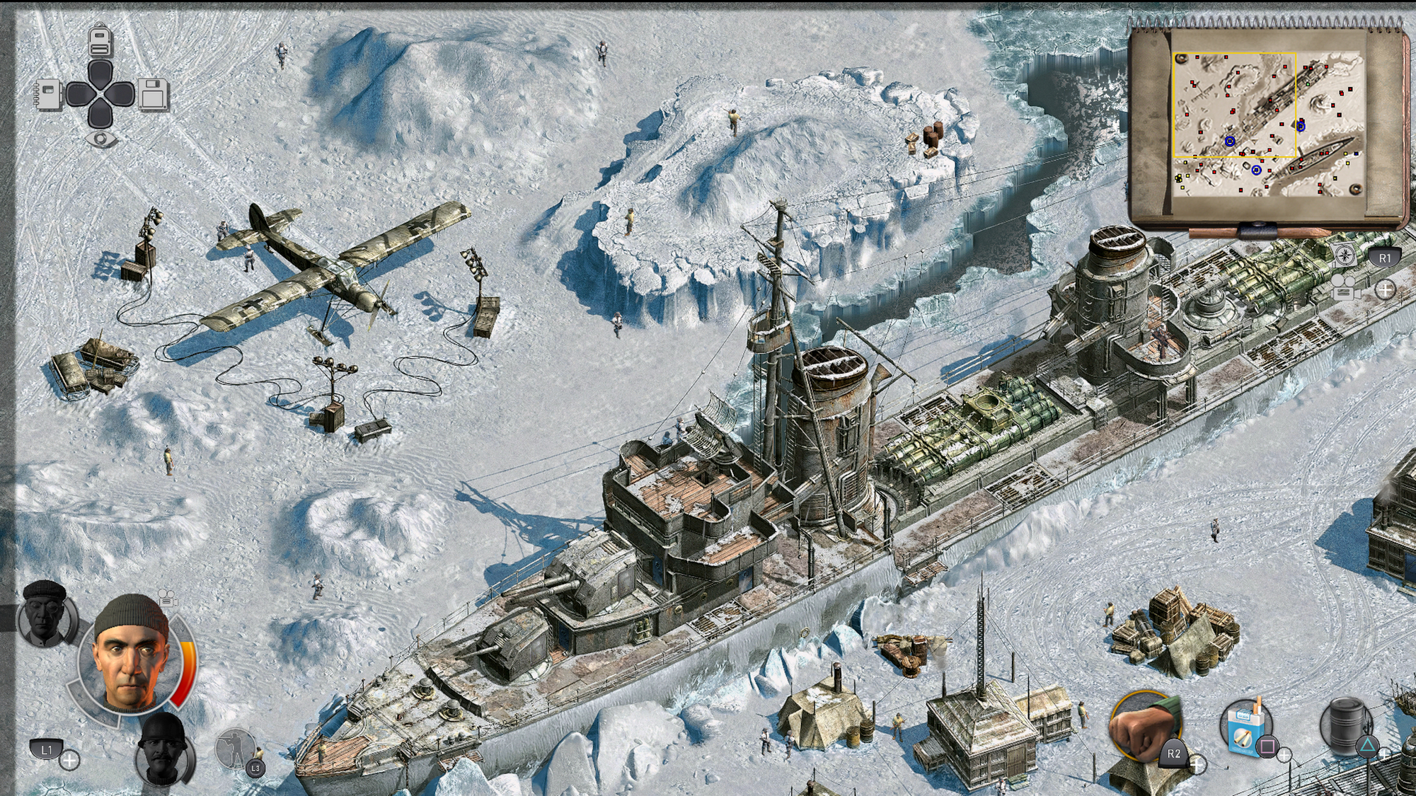 Vista isometrica di un gioco di battaglia navale, che mostra una corazzata e altri beni militari.