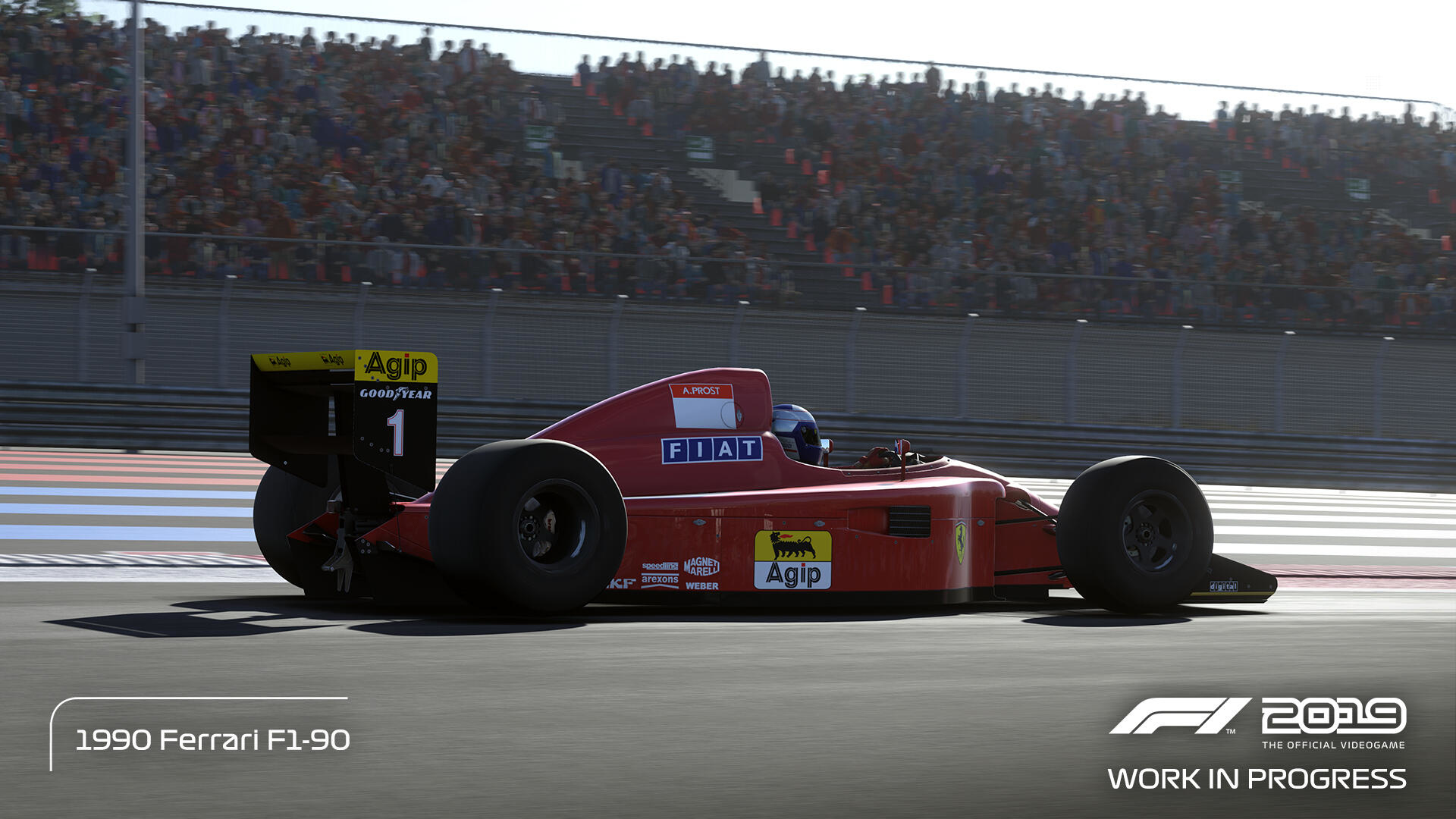 1990 Ferrari F1-90 Rennwagen auf der Strecke mit Sponsoren.