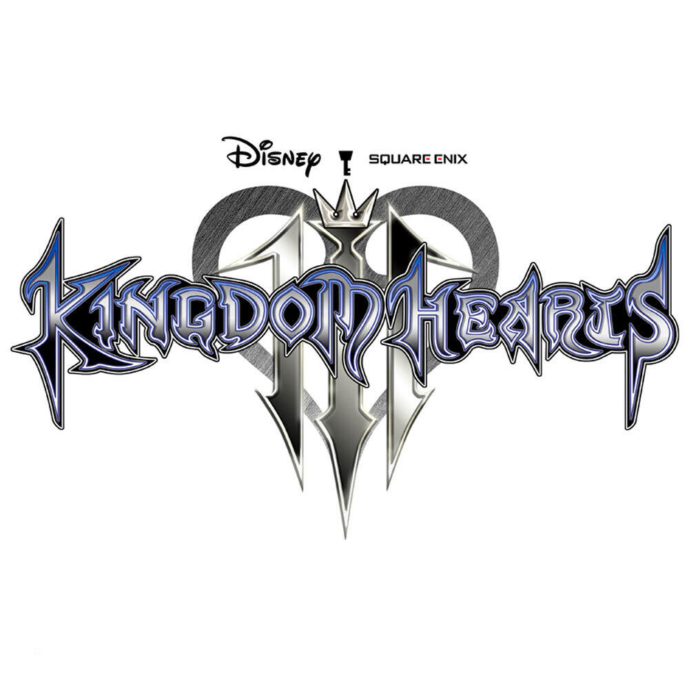 Logo Kingdom Hearts na białym tle. Loga Disney i Square Enix nad sercem.