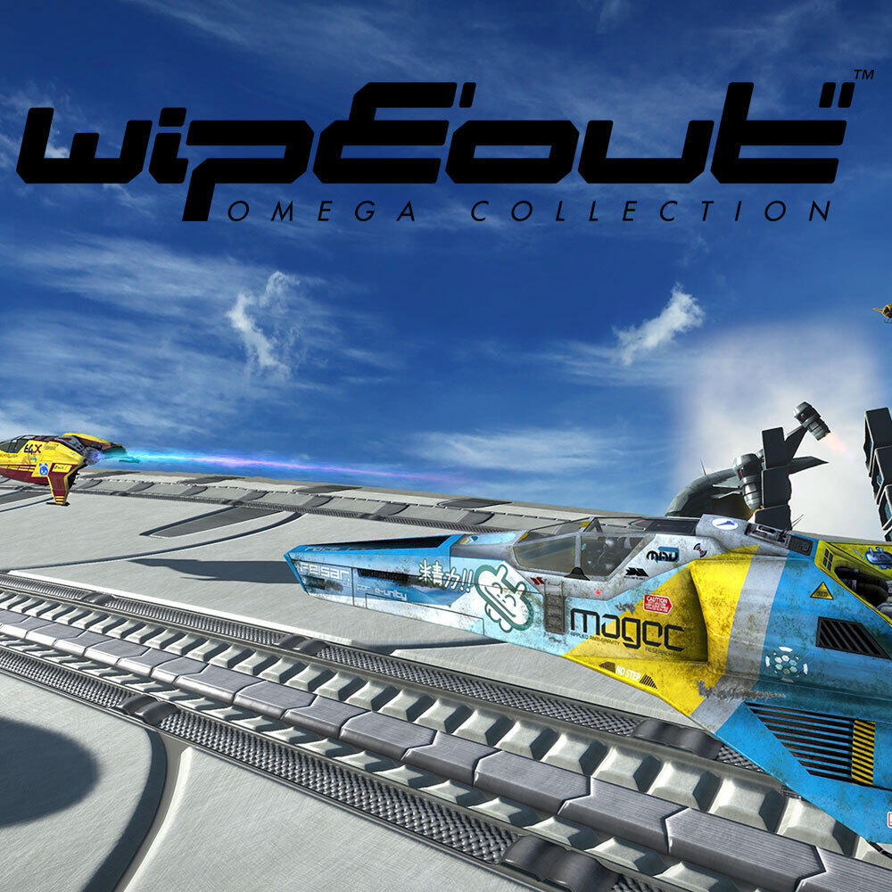 Ekran gry Wipeout Omega Collection z statkami wyścigowymi i tłem nieba.