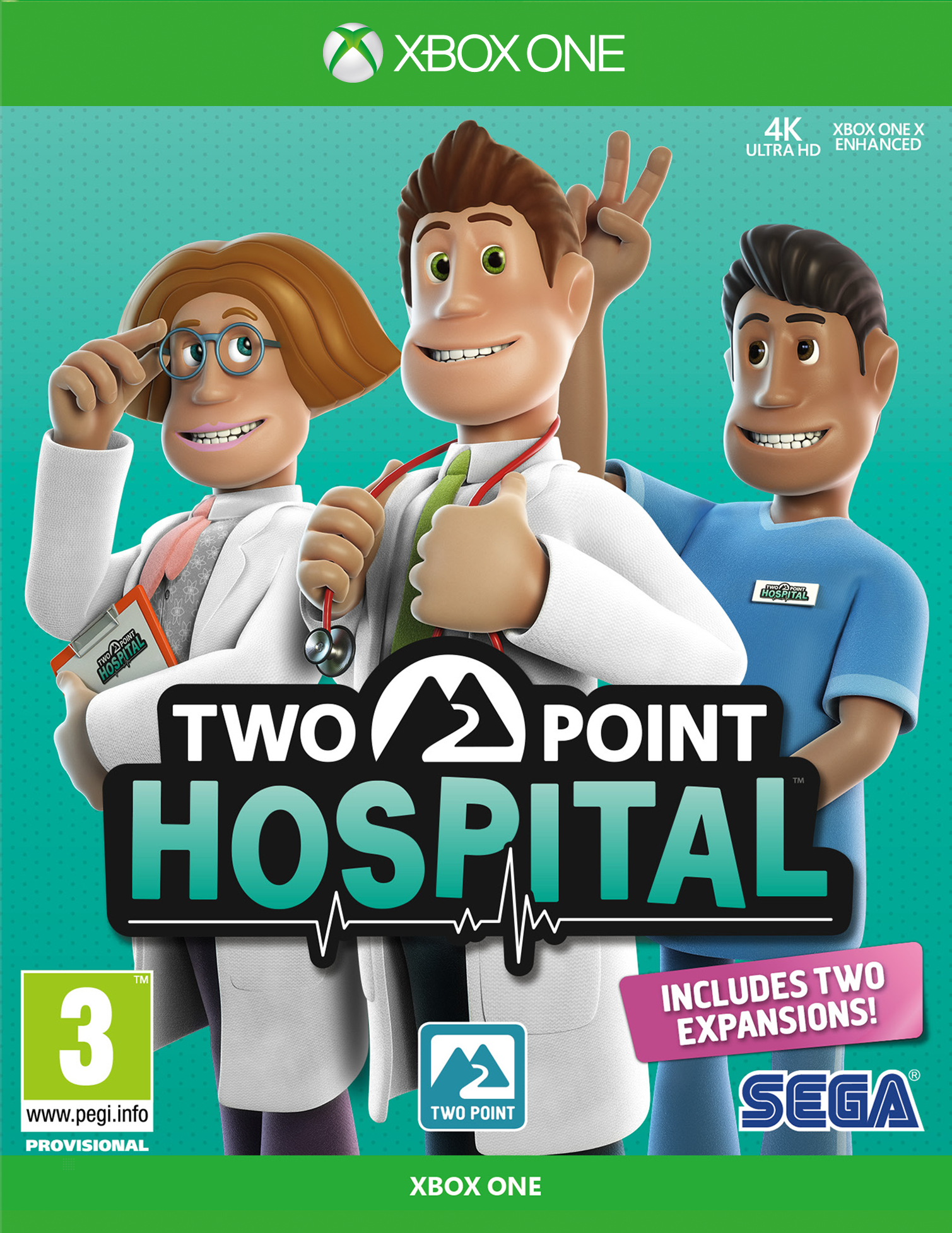 Okładka gry wideo Two Point Hospital, z trzema kreskówkowymi lekarzami i logo.