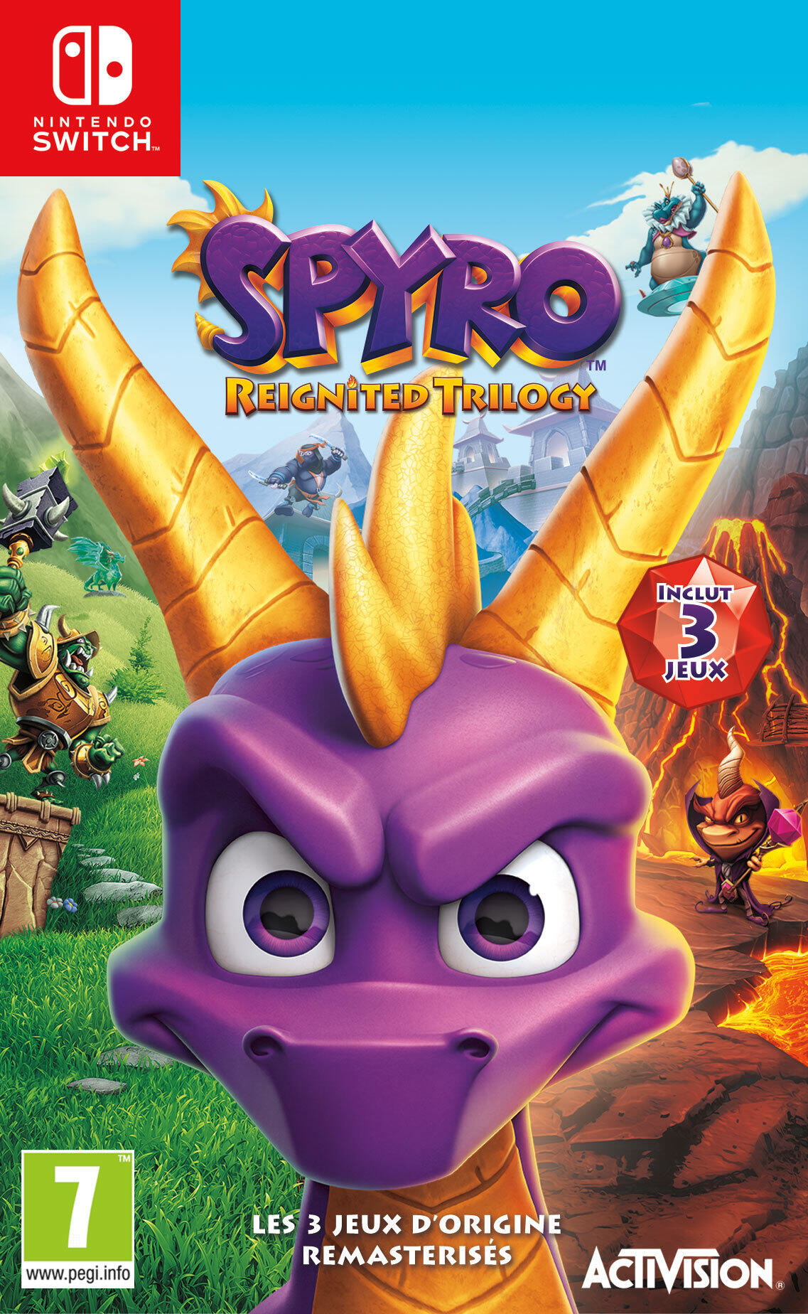 Pudełko z grą Spyro Reignited Trilogy. Fioletowy smok Spyro, tytuł gry i logo.