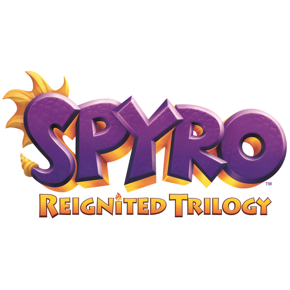 Logo gry Spyro Reignited Trilogy, fioletowy tekst z fioletowym smokiem, żółte akcenty.