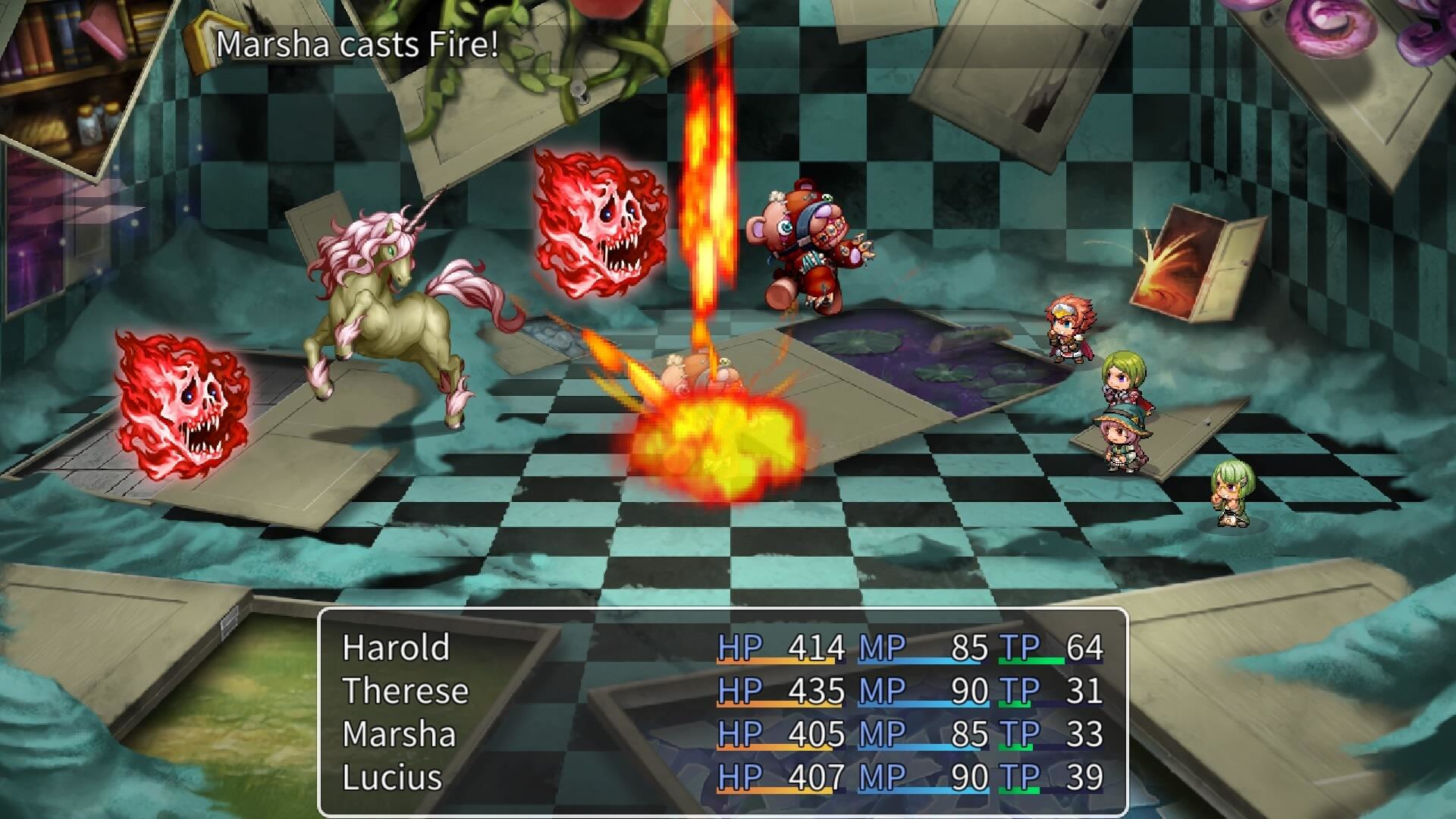 Scena gry RPG. Postacie w pokoju, jeden rzuca ogień. Pola tekstowe ze statystykami postaci.