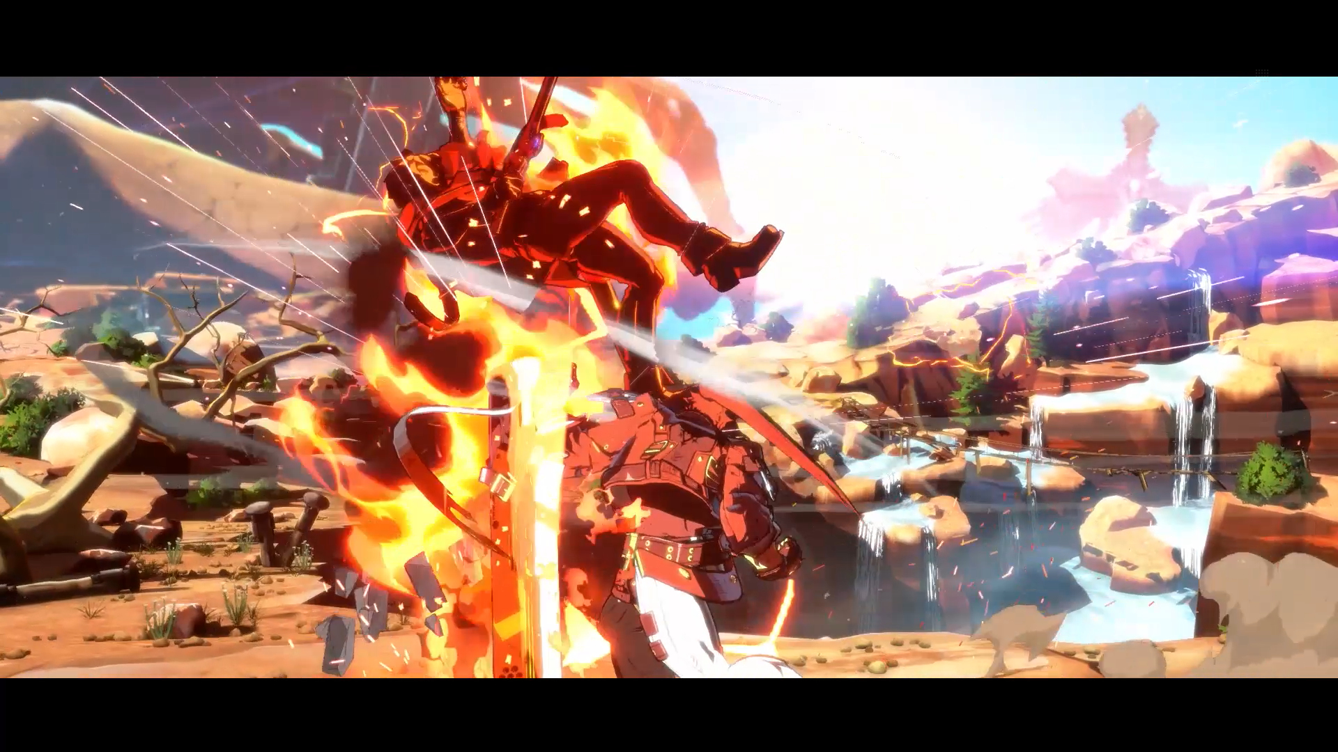 Scena z gry Guilty Gear Strive. Postać zostaje wyrzucona w powietrze, z efektami ognia i akcji.