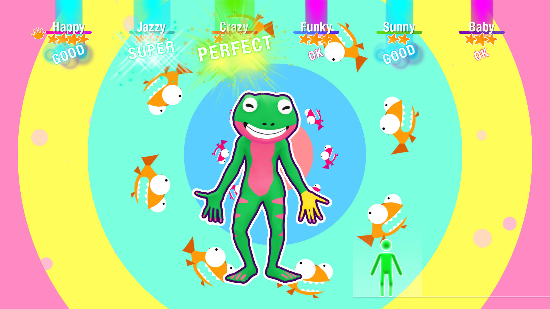 Zielona postać podobna do żaby tańczy. Pomarańczowe ryby unoszą się wokół niej. Tło jest kolorowe z tekstem.