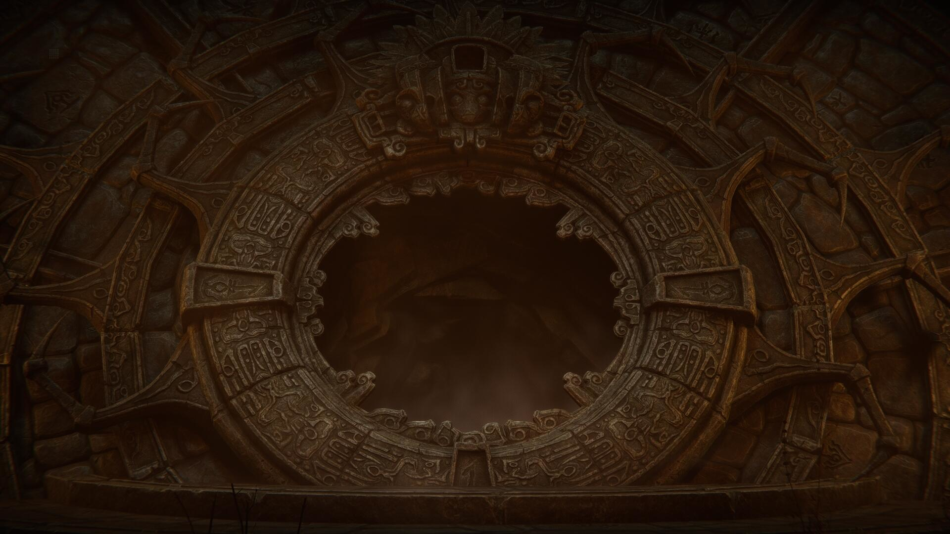 Ozdobna kamienna konstrukcja z centralnym okrągłym otworem. Szczegóły są wyrzeźbione w kamieniu.