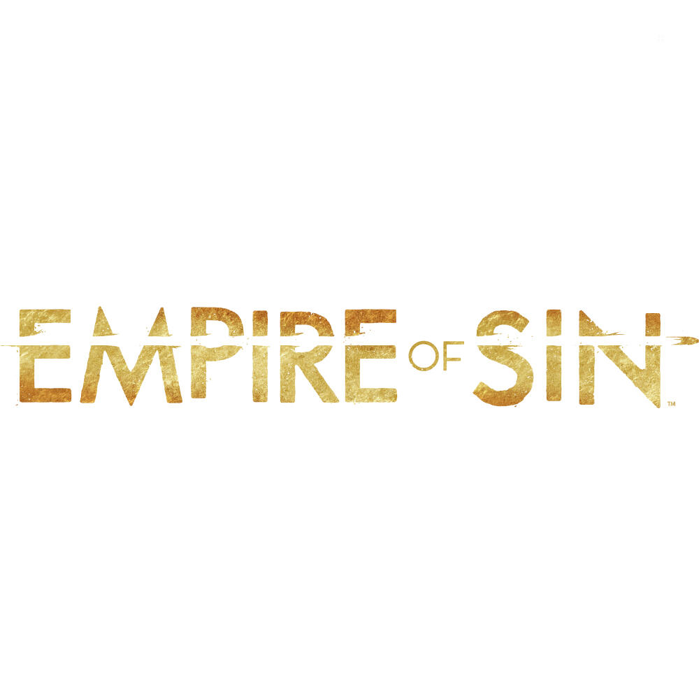 Logo Empire of Sin w złotym tekście na białym tle. Tekst ma postarzaną teksturę.