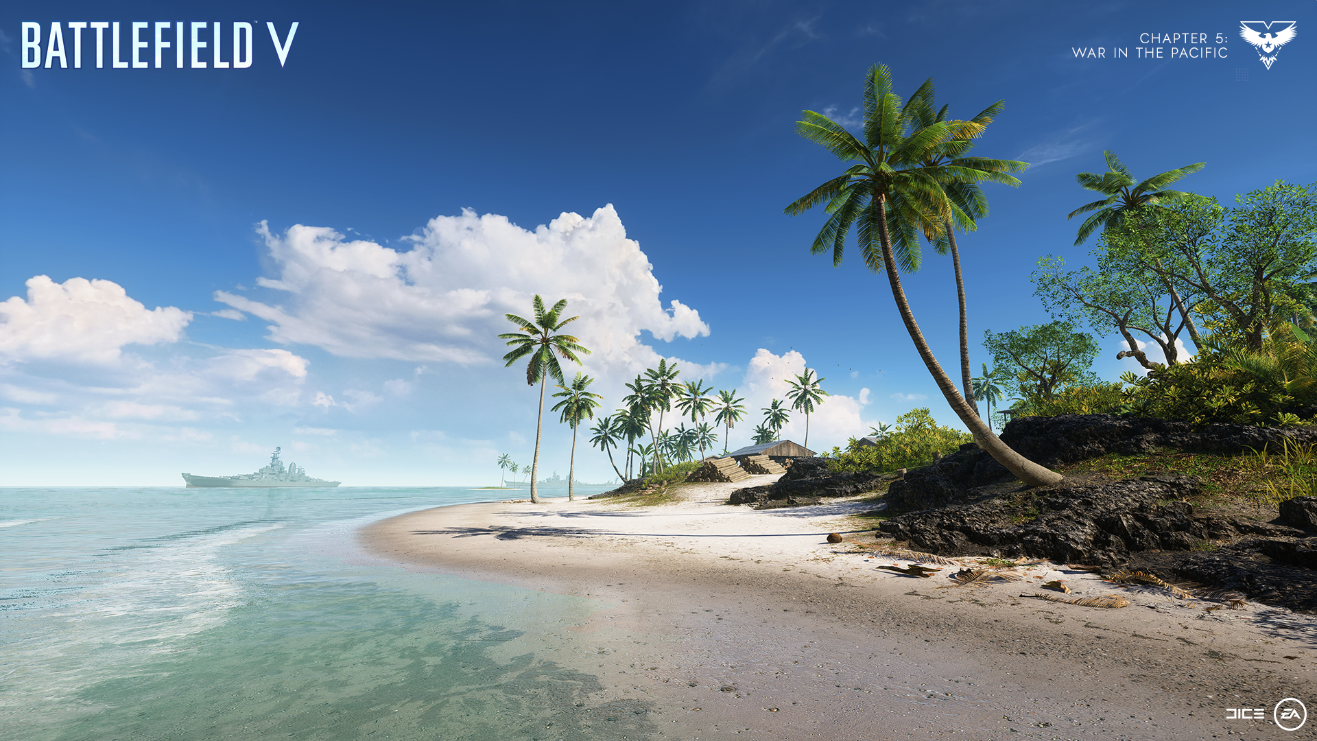 Scena z Battlefield V na tropikalnej plaży. Palmy, błękitna woda i statek w oddali.