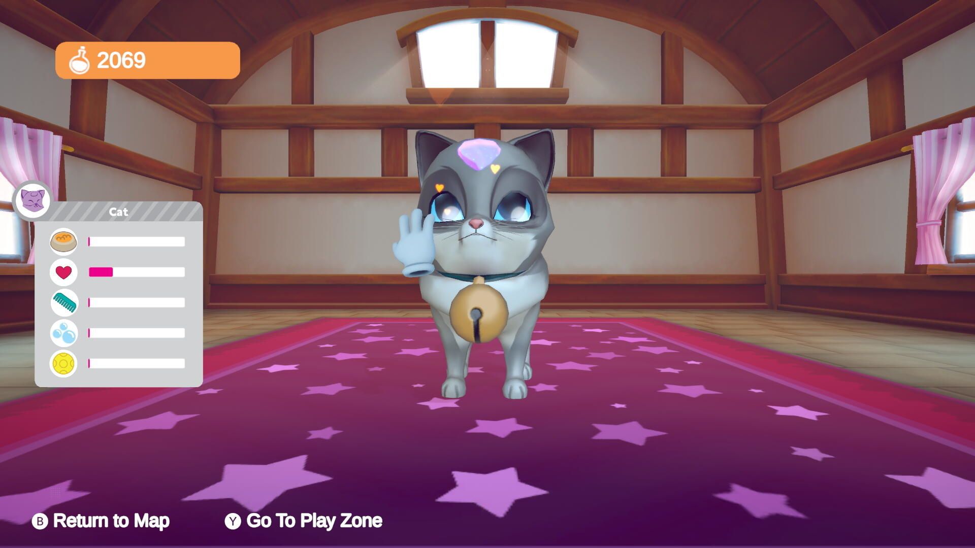 Animowana postać kota w pokoju. Kot ma dzwonek i wykonuje gest dłonią.