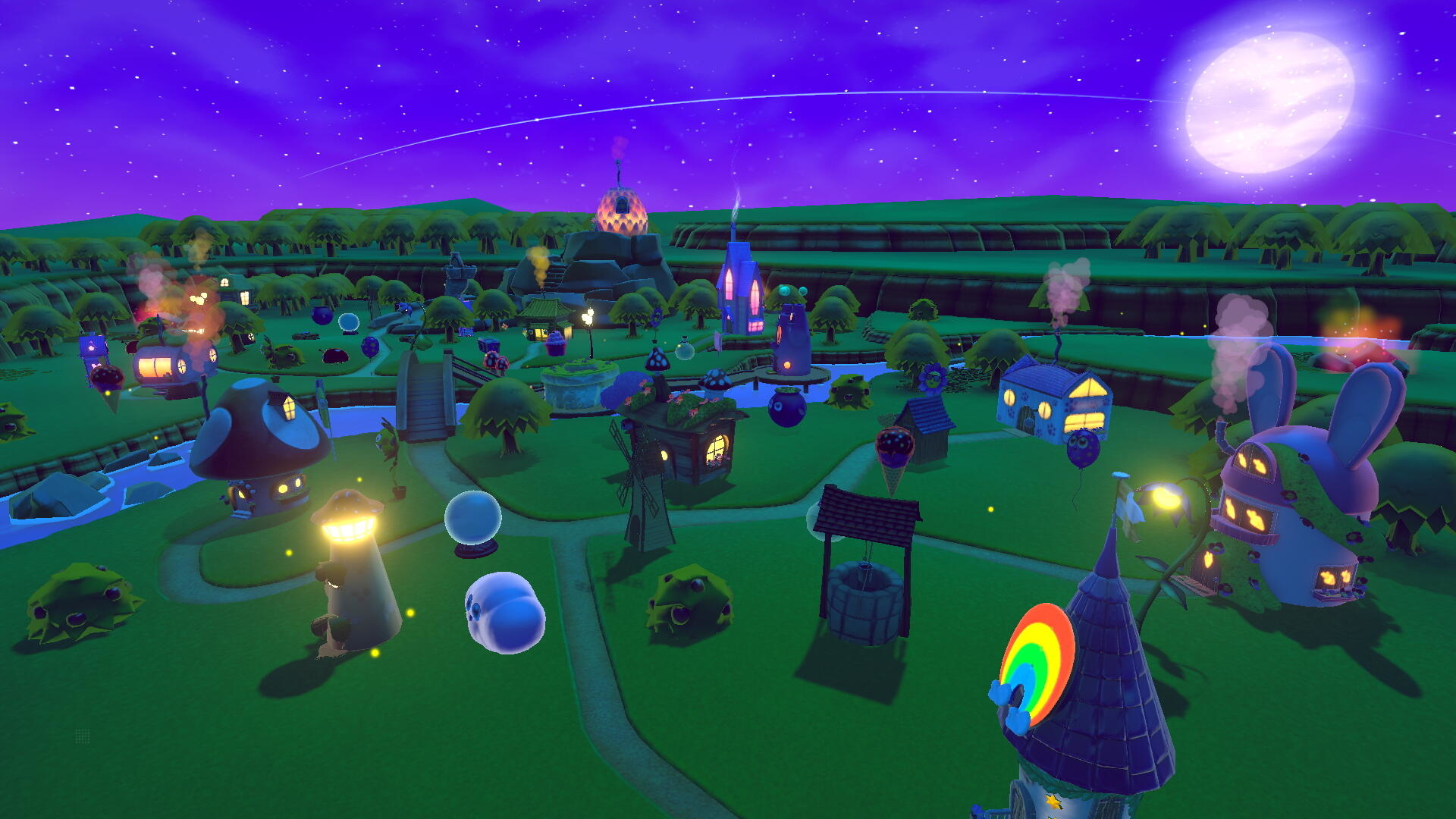 Nocna scena z kreskówkowego miasta. Domy i rzeka są oświetlone. Księżyc świeci.