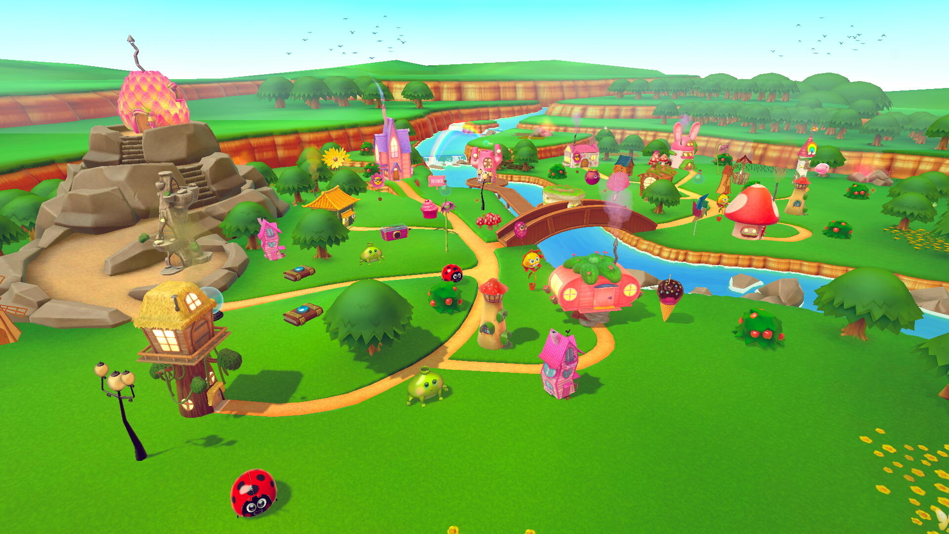 Kreskówkowe miasto z domami, rzeką, drzewami i biedronką. Jest słoneczny dzień.