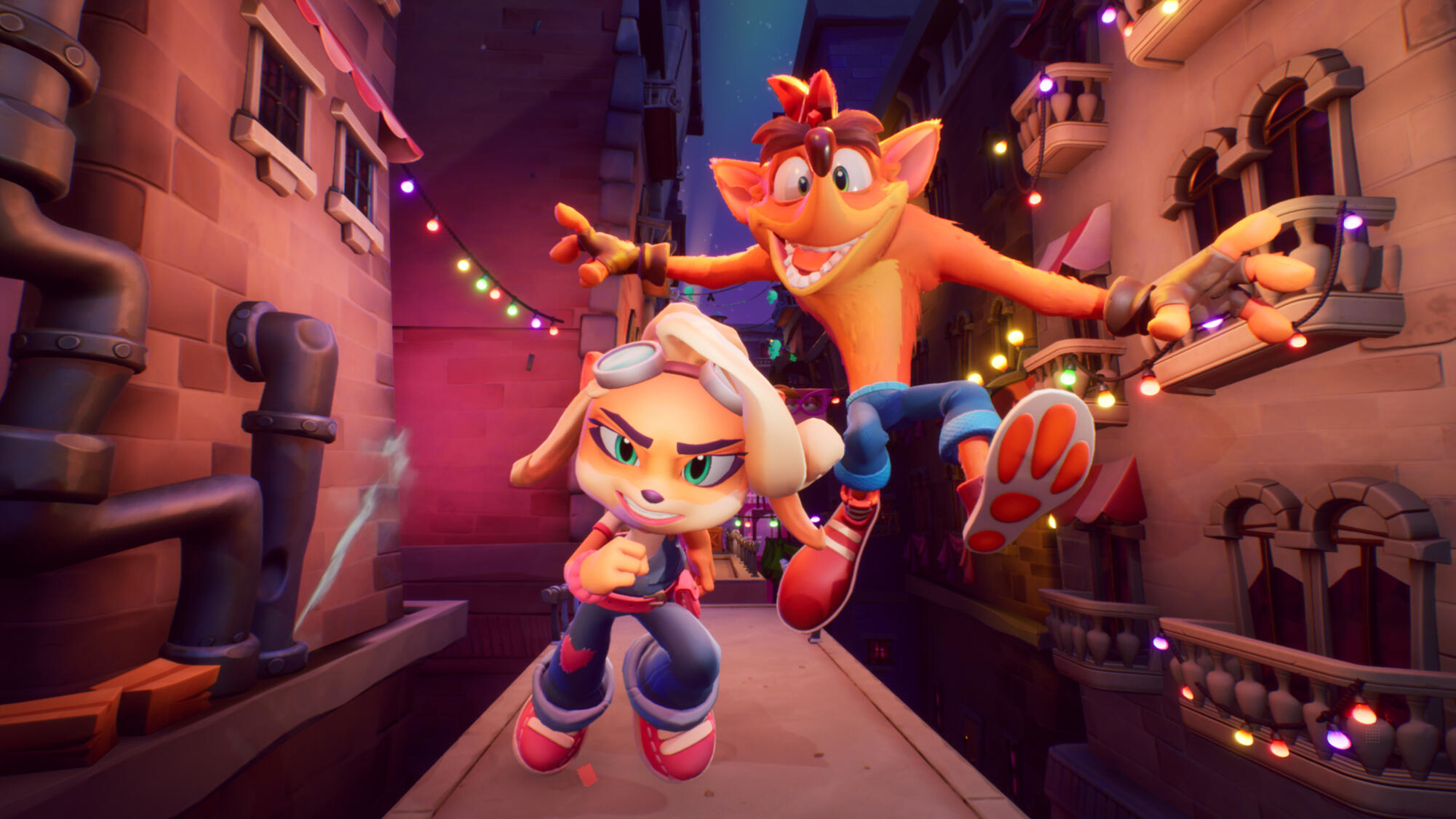 Crash i Coco Bandicoot skaczą w kolorowym otoczeniu. Crash jest w powietrzu, Coco się uśmiecha.