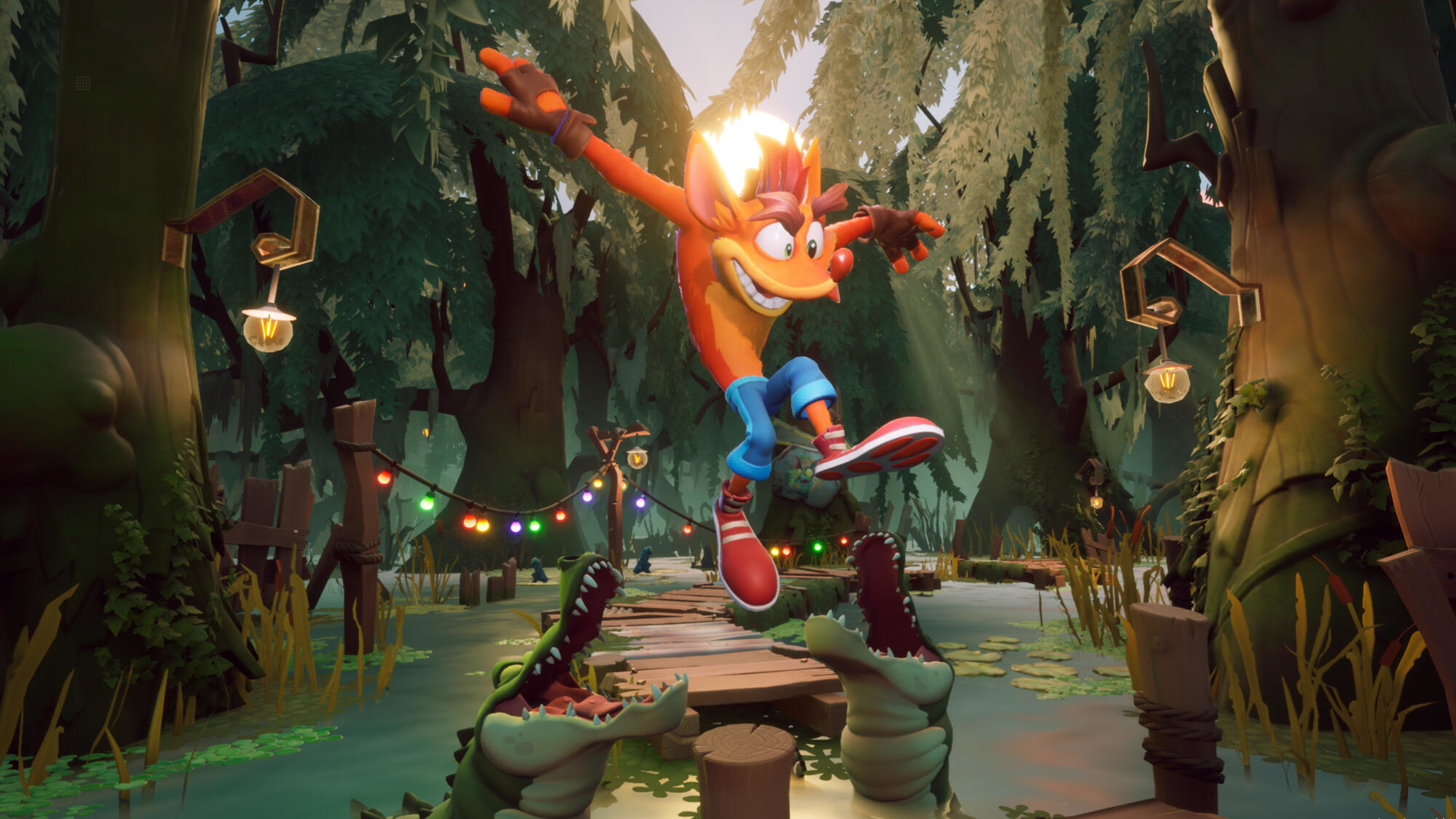 Crash Bandicoot skacze nad aligatorami na bagnie. Kolorowe światła i drewniana ścieżka.