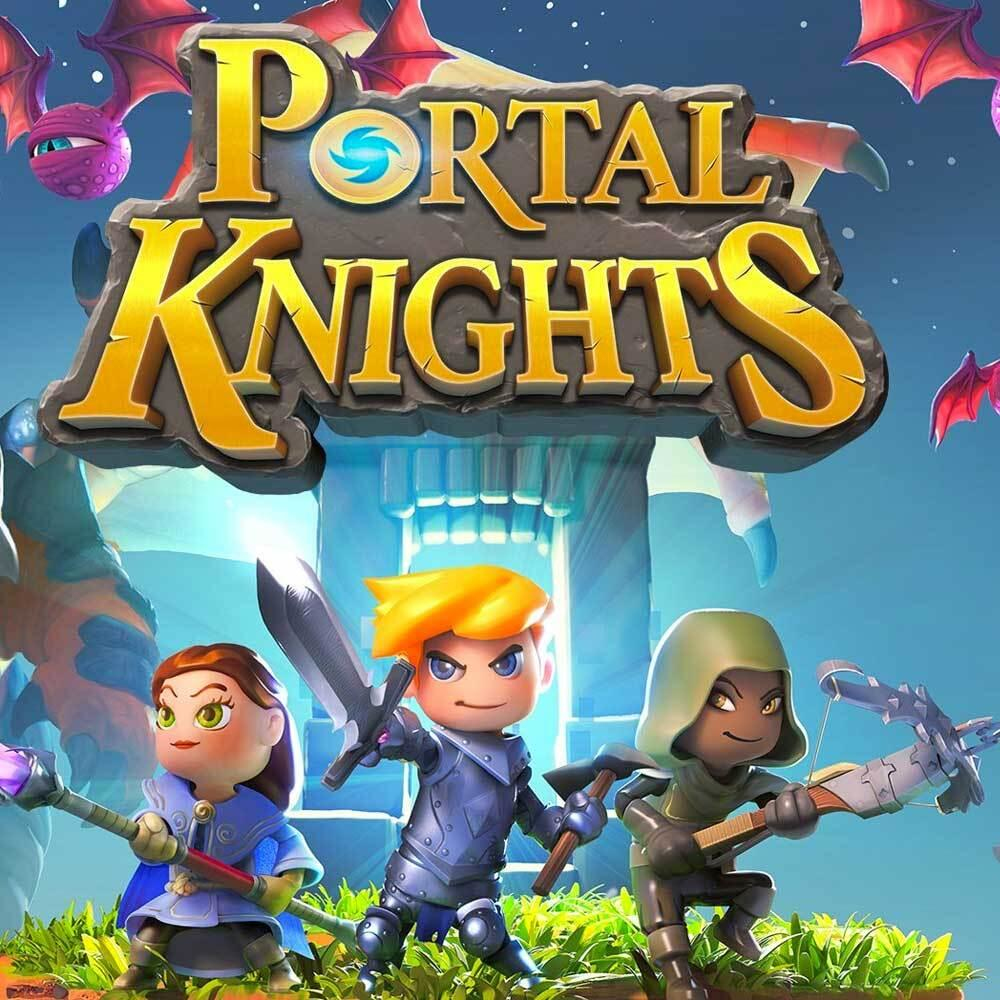 Tre cavalieri dei cartoni animati con armi, titolo Portal Knights, creature volanti sullo sfondo.