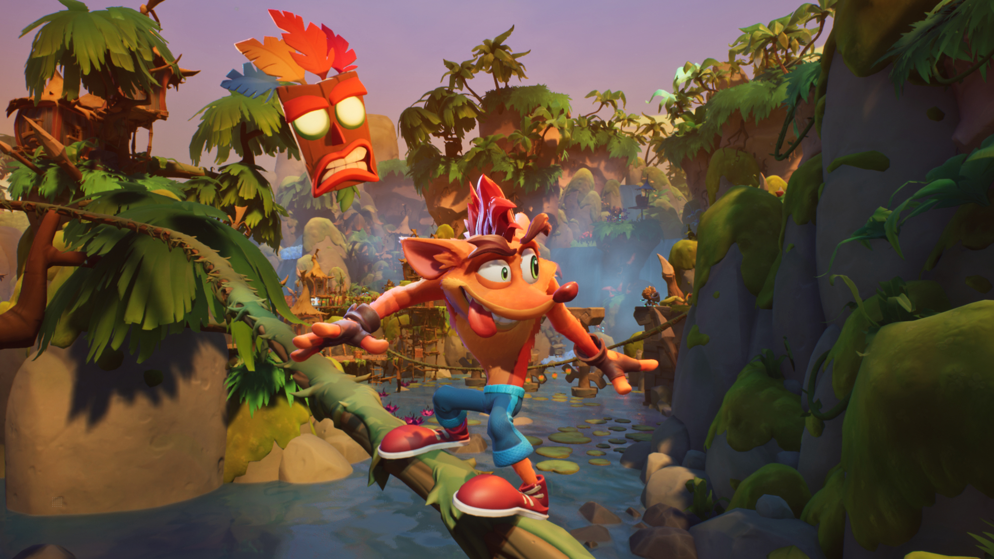 Crash Bandicoot balansuje na gałęzi, z maską i bujnym tropikalnym tłem.