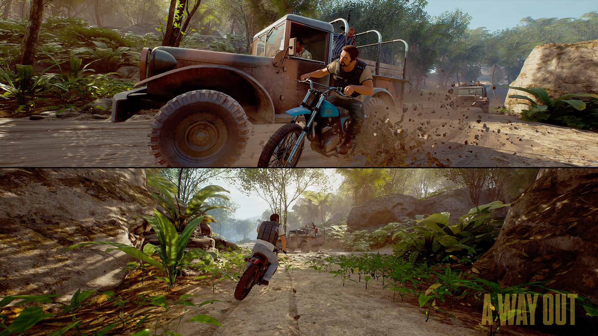 Scena a schermo diviso del gioco A Way Out, inseguimento in auto e moto.
