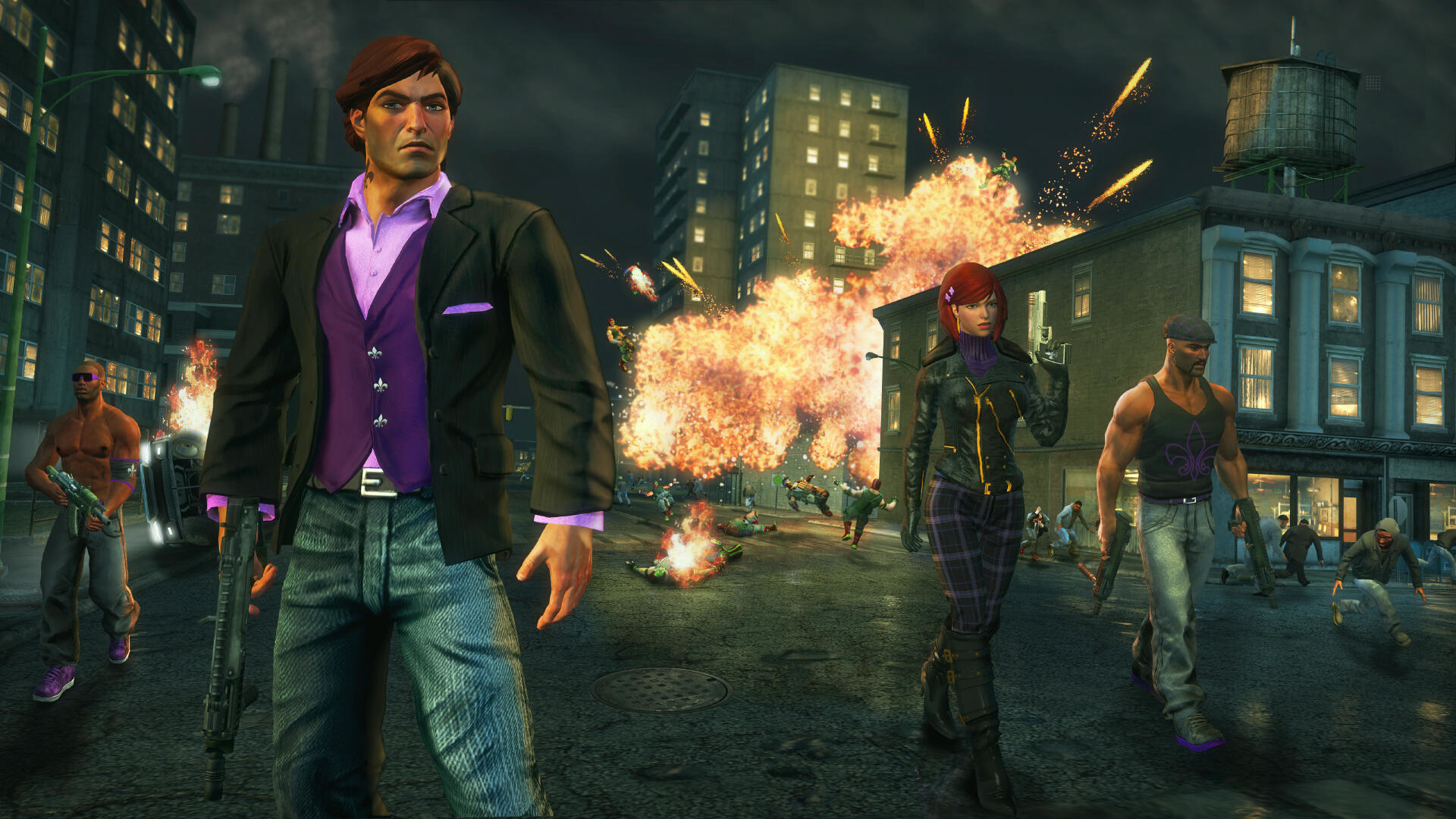 Scena z gry Saints Row, postacie na ulicy z eksplozją w tle.