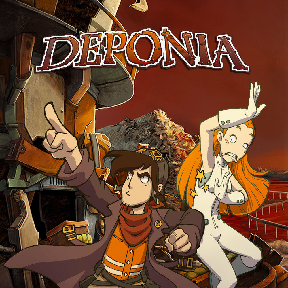 Okładka gry Deponia z dwiema postaciami, z których jedna wskazuje, z czerwonym tłem.