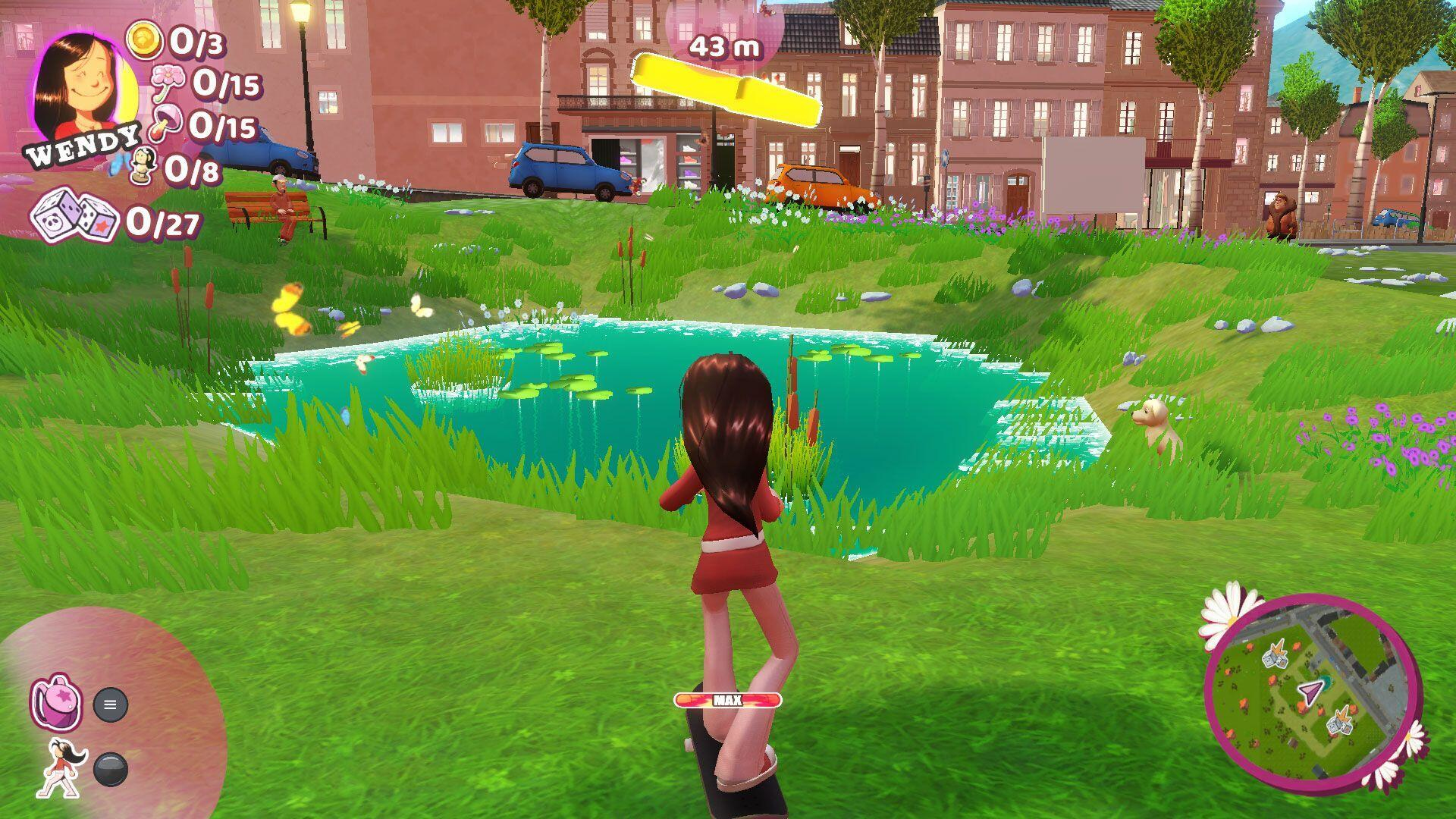 Dziewczyna w czerwonej sukience stoi na zielonym polu. Budynki i samochody w tle. Niebo jest czyste.