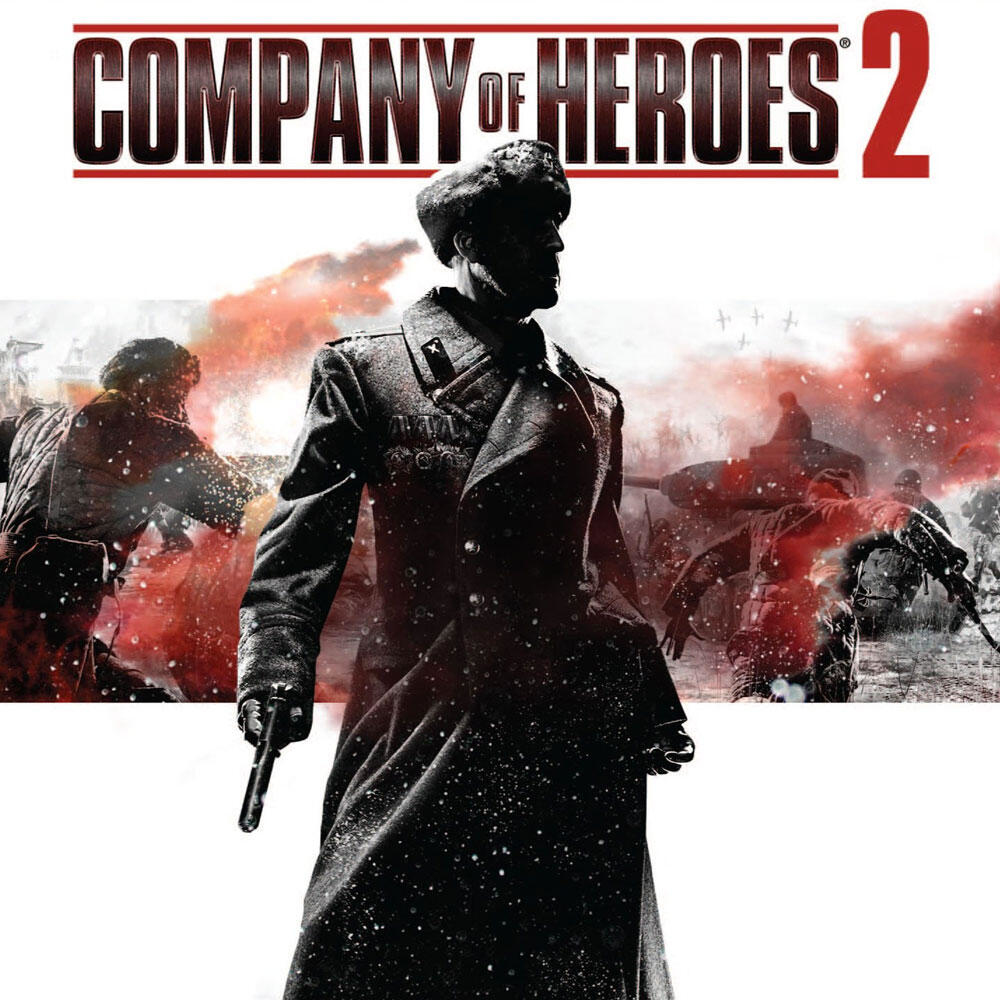 Okładka gry Company of Heroes 2 z żołnierzem, eksplozjami i zimową sceną wojenną.