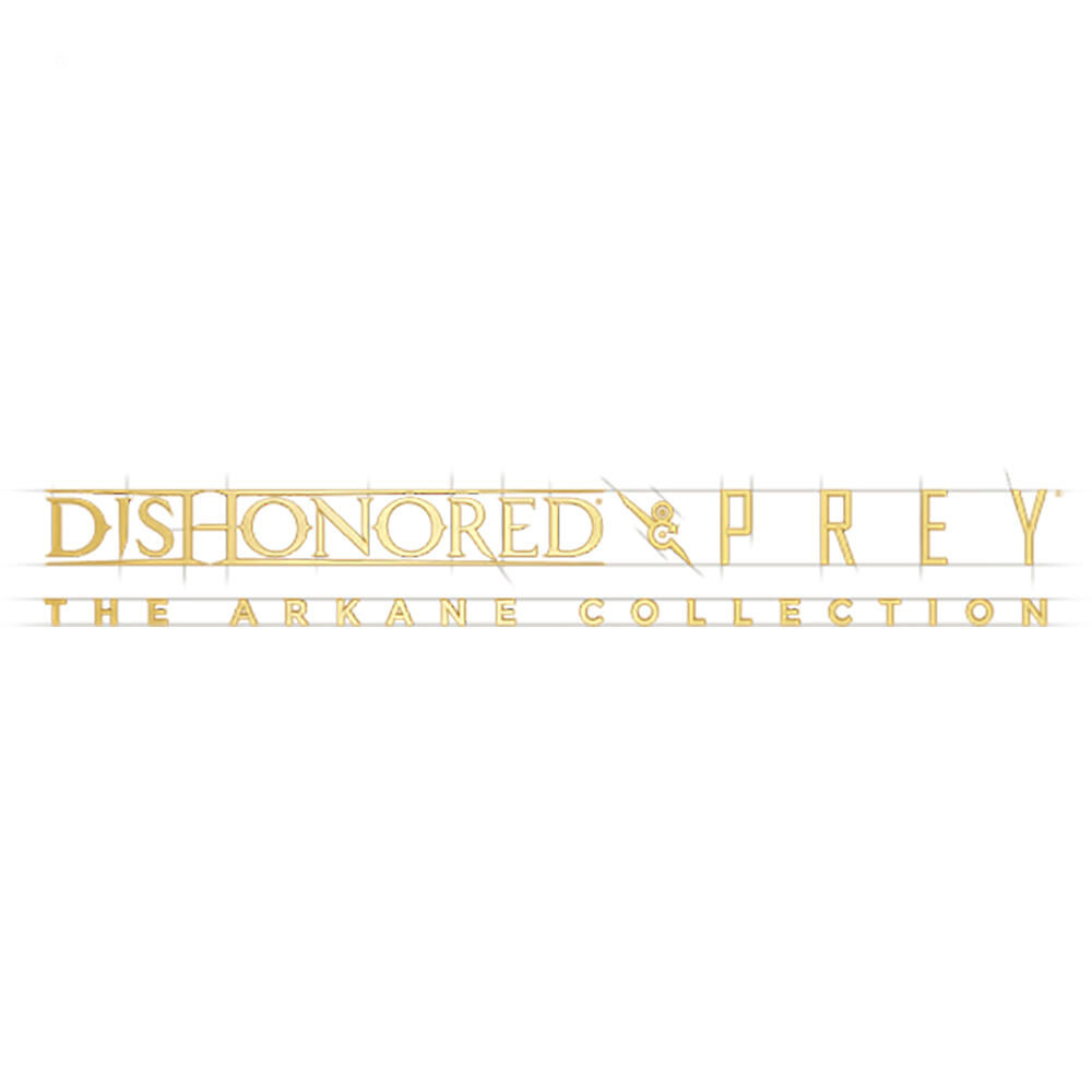 Logo gry Dishonored & Prey, kolekcji Arkane, w złotym kroju pisma.