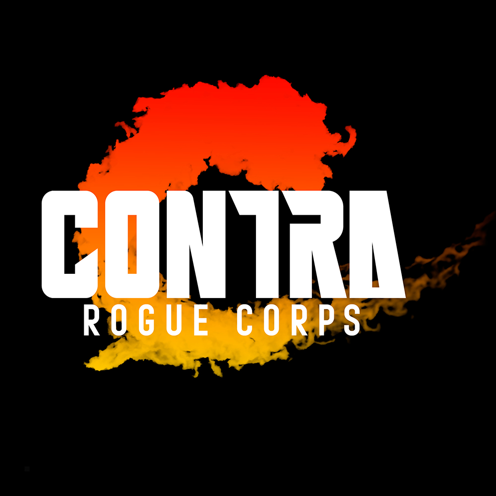 Logo Contra Rogue Corps zawiera biały tekst na czarnym tle z czerwonym i żółtym dymem.