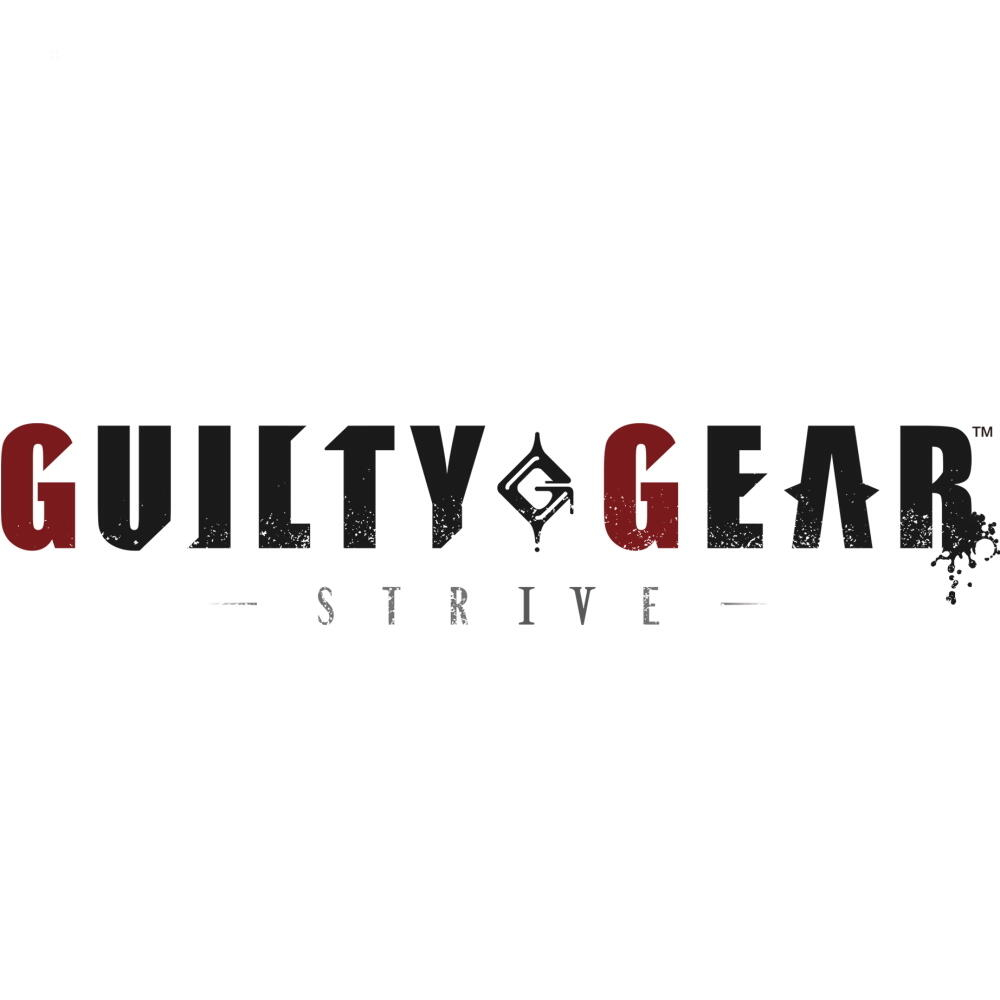 Logo Guilty Gear Strive w kolorze czerwonym i czarnym na białym tle. Czarne plamy atramentu po prawej.