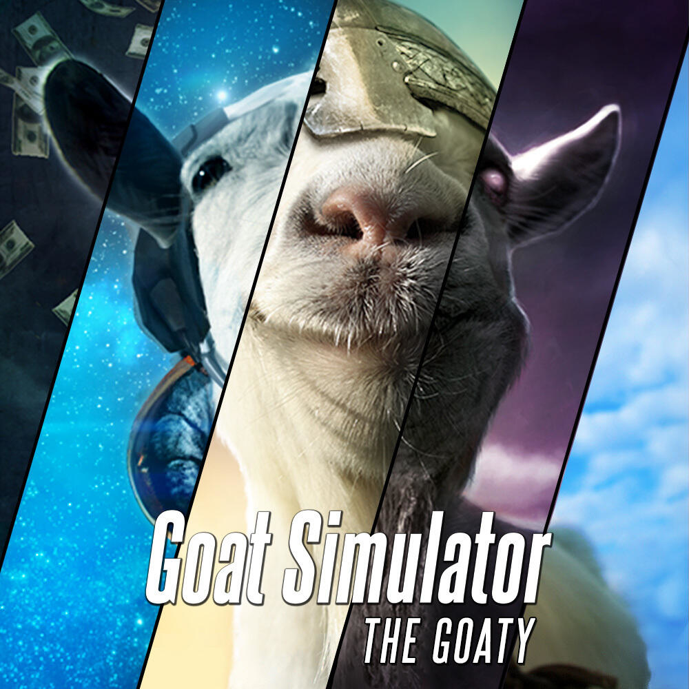 Okładka gry Goat Simulator. Twarz kozy z pieniędzmi i tłem miejskim.