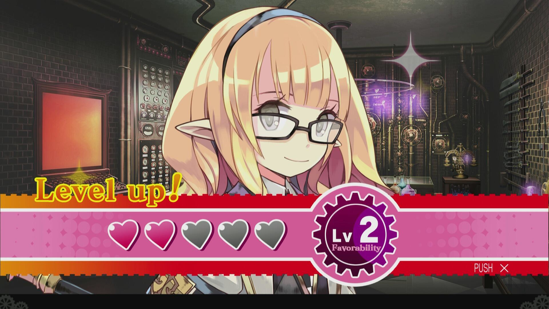 Postać z anime w okularach, zdobywająca poziom z sercami i ikoną poziomu przychylności 2.