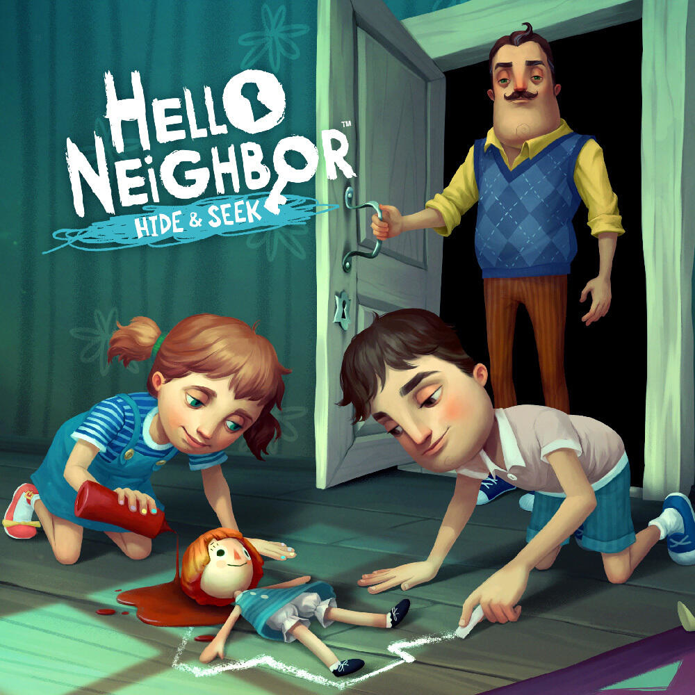 Okładka gry Hello Neighbor z domem, postaciami i mrocznym motywem, lalka na podłodze.