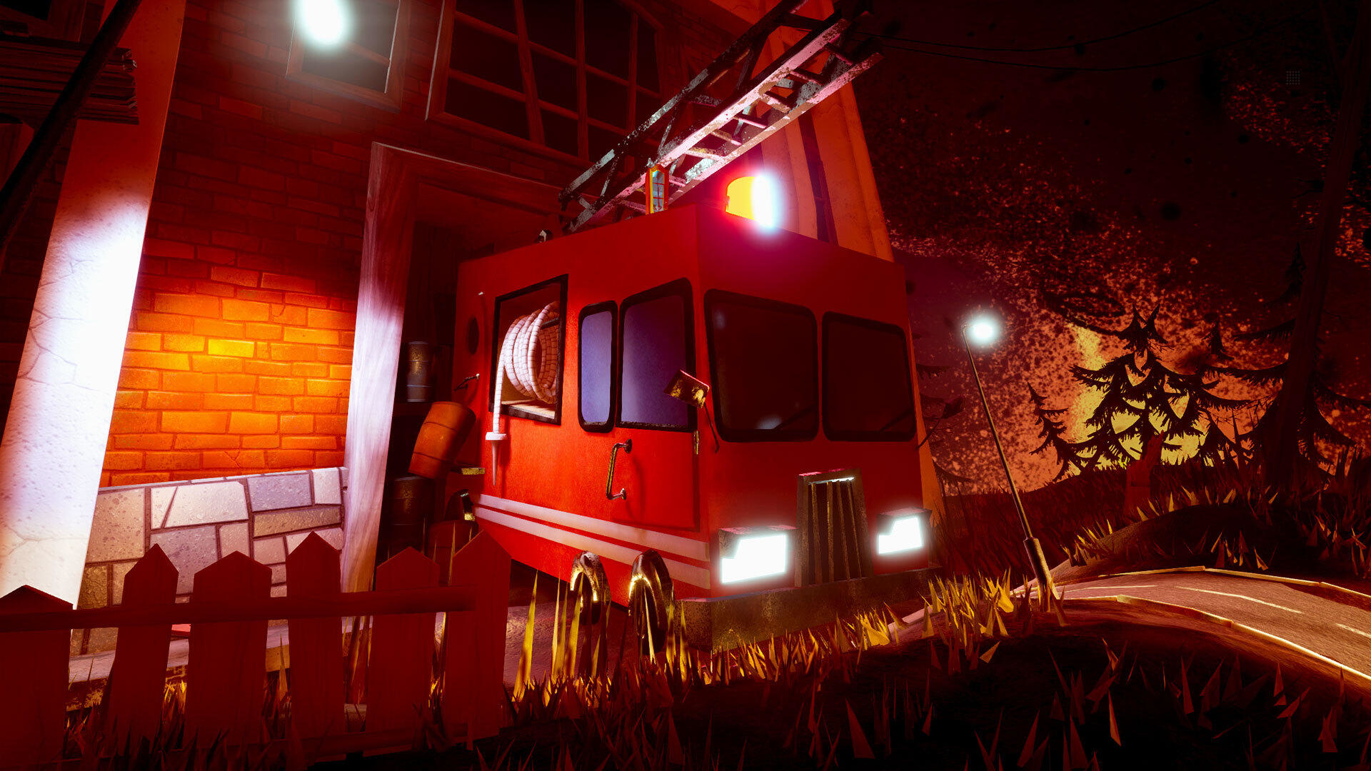Czerwony zabawkowy wóz strażacki przed ceglanym budynkiem. Scena jest mroczna i stylizowana.