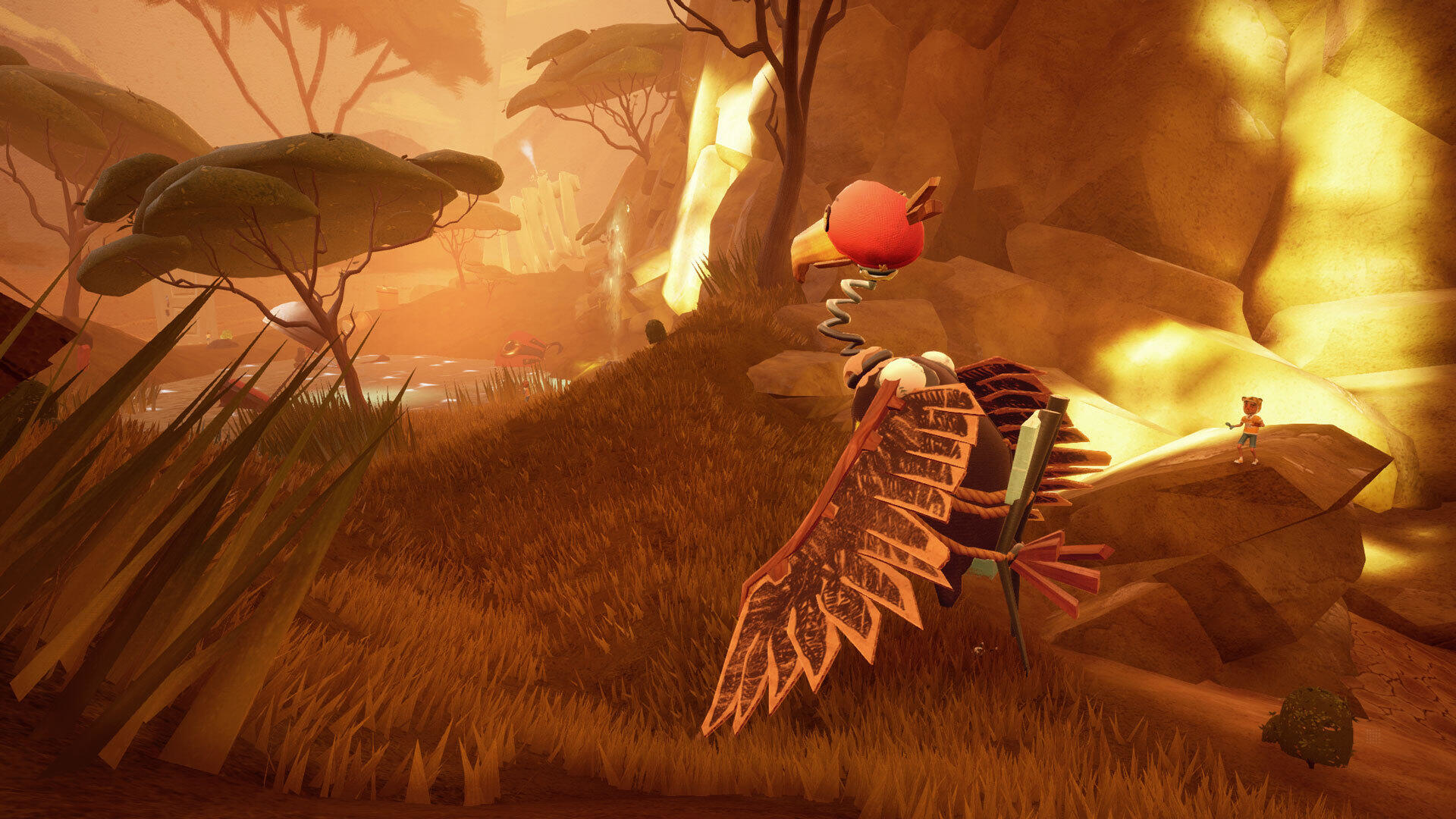 Scena gry z ptasim stworzeniem, postacią i skalistym, pustynnym środowiskiem.