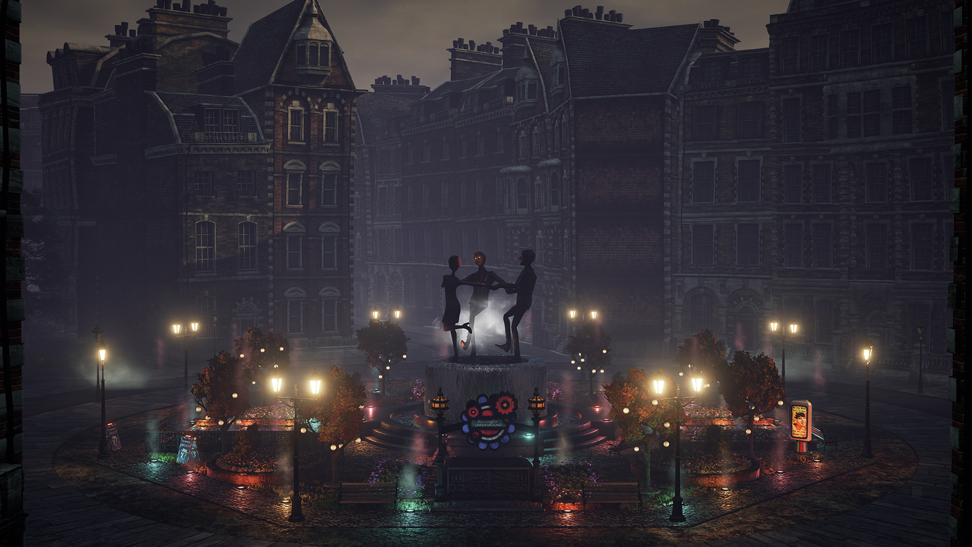 Plac miejski w nocy z pomnikiem, podświetlanymi drzewami i budynkami. Niebo jest ciemne.