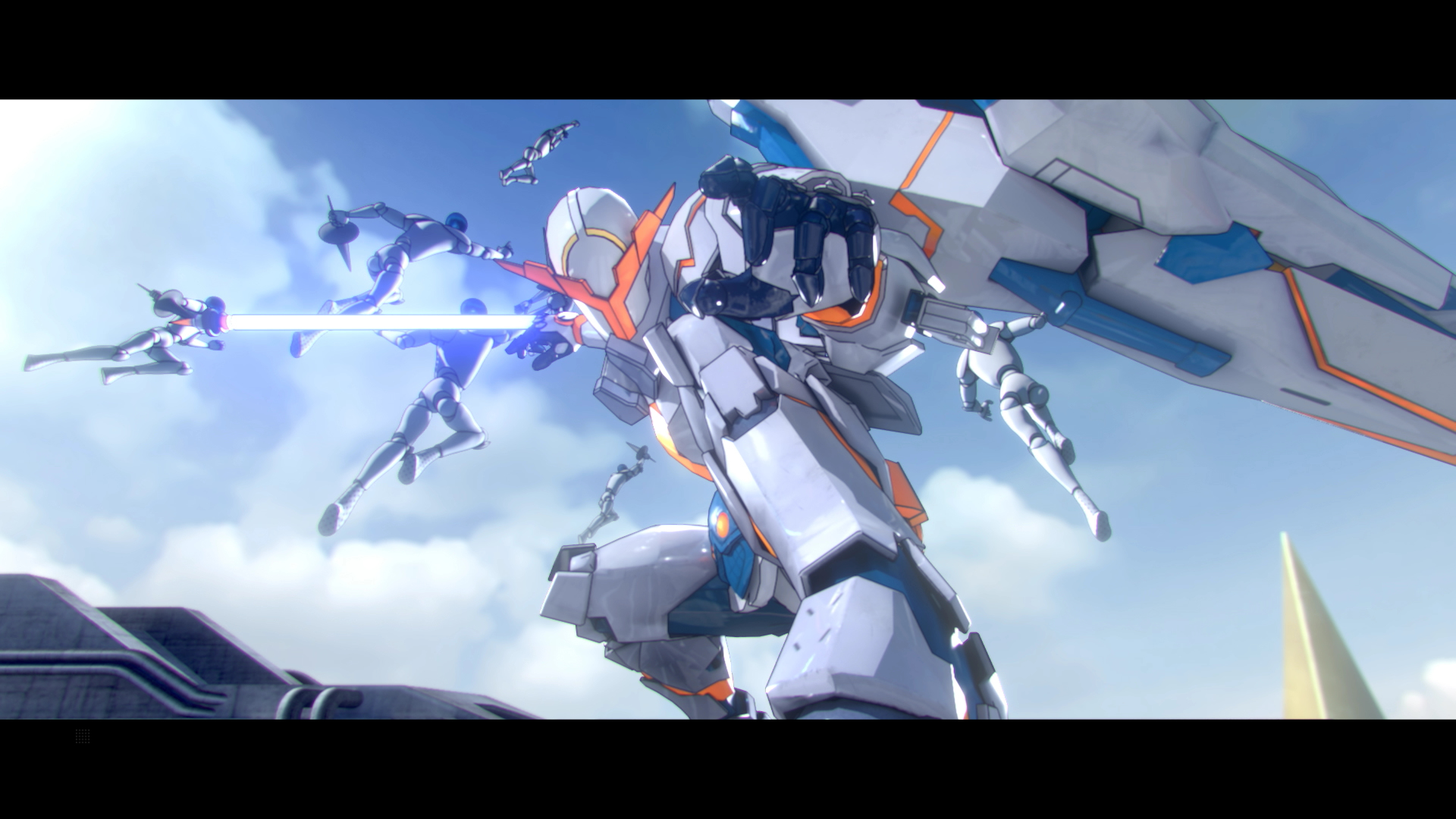 Animowane postacie robotów walczą na tle słonecznego nieba.