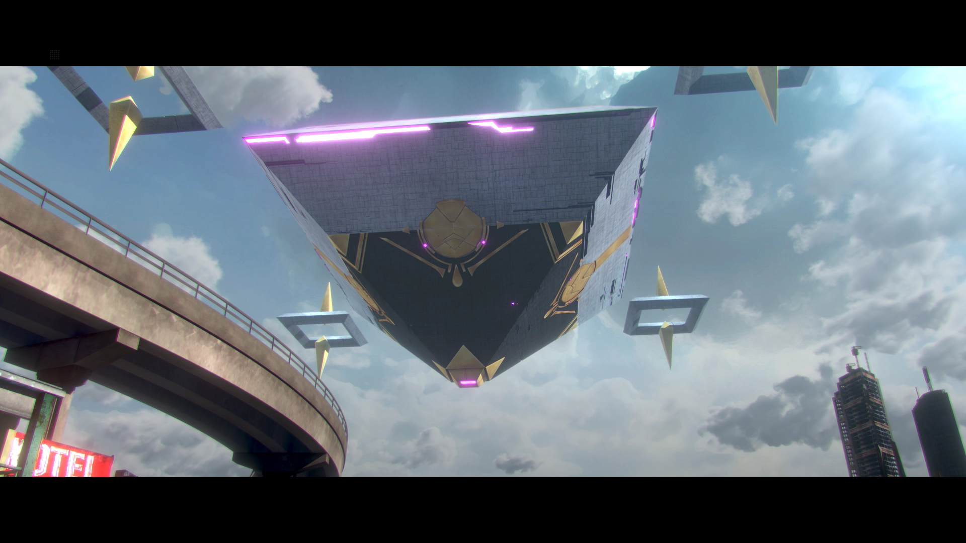 Pływające struktury na niebie. Futuristyczne miasto i krajobraz poniżej. Błękitne niebo.