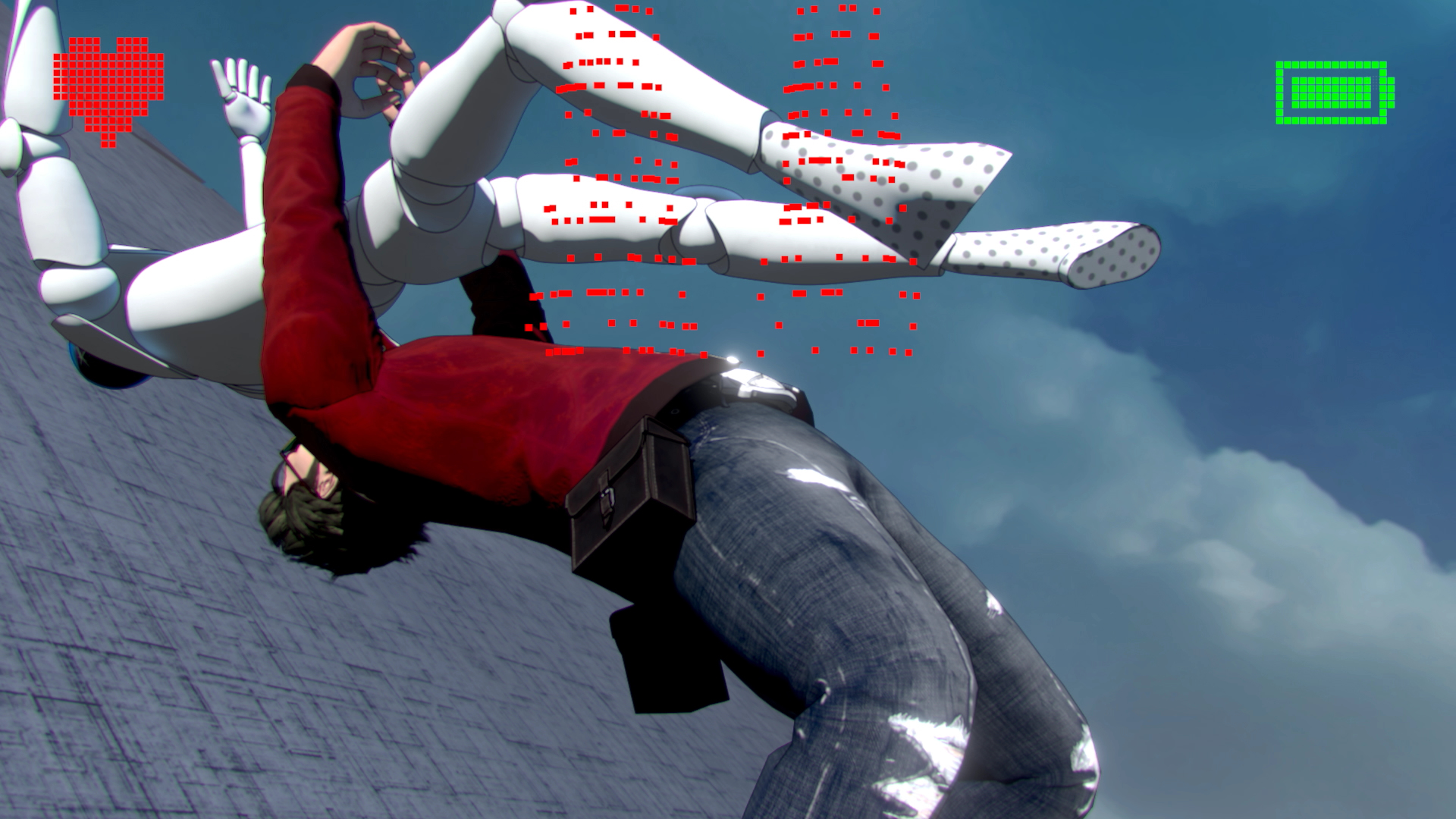 Mężczyzna walczący z białą postacią przypominającą robota w stylu kreskówki.