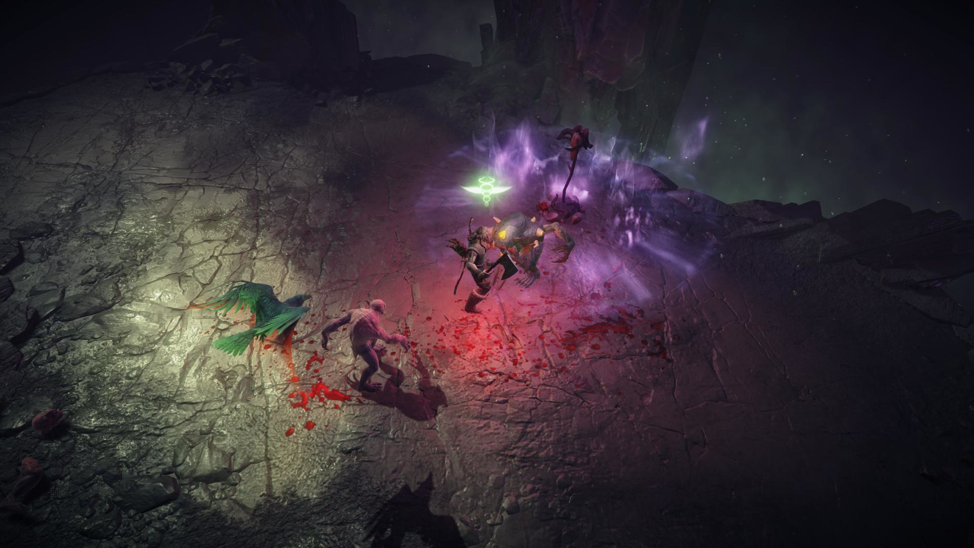 Scena bitwy z wieloma postaciami w akcji, rozpryskami krwi i efektami magicznymi w ciemnym otoczeniu.