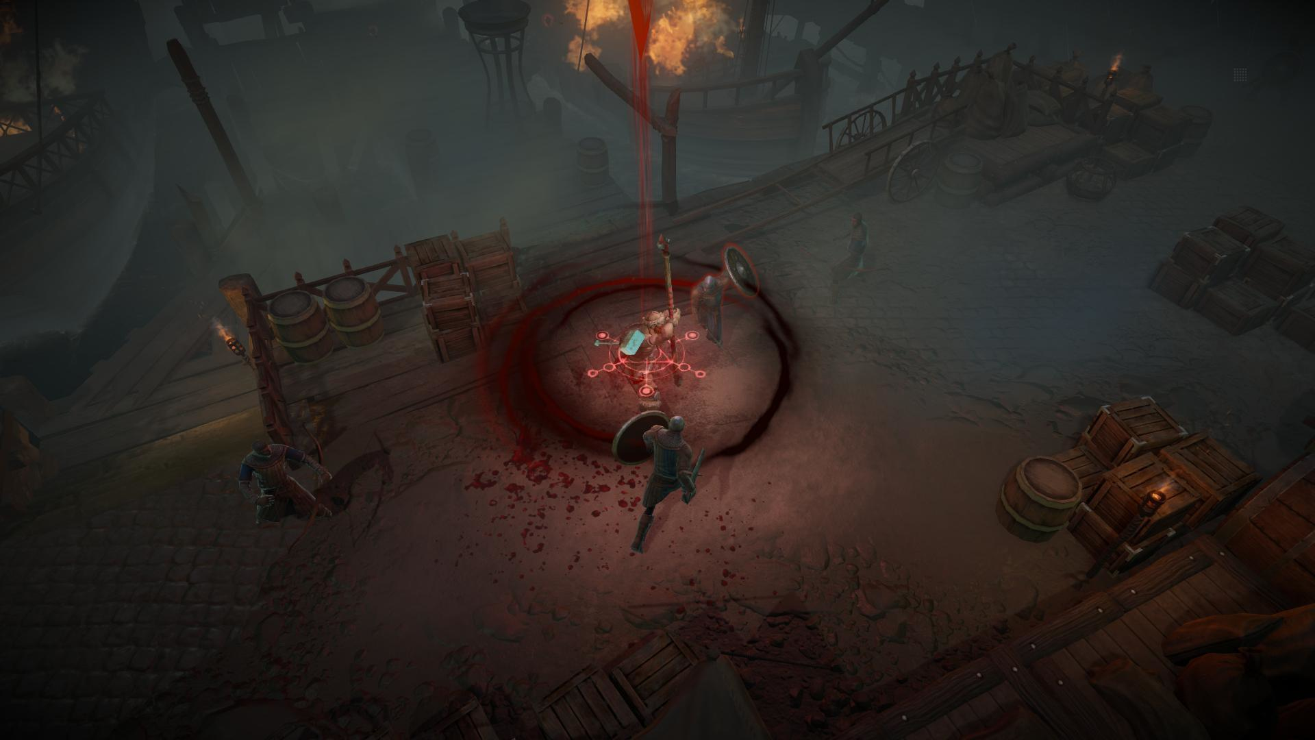 Widok z góry na scenę z gry z postaciami walczącymi na doku.