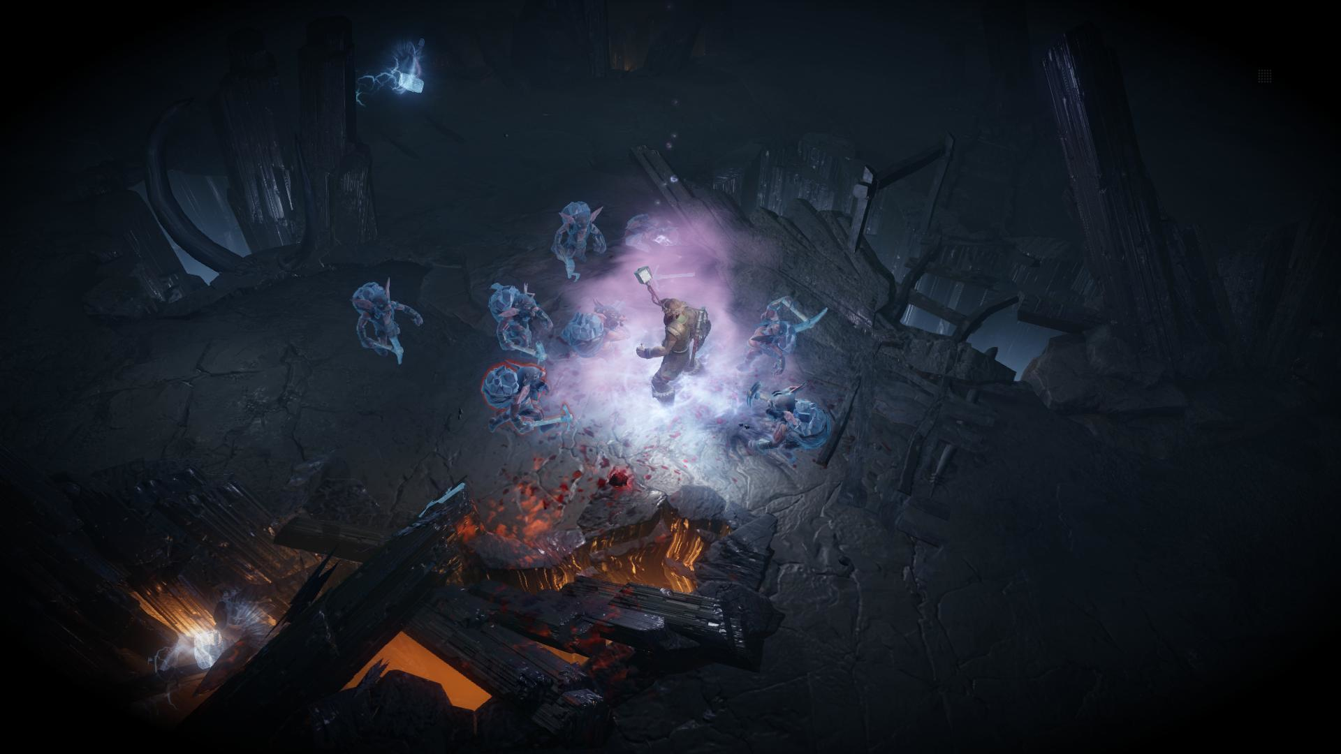 Scena z gry z postaciami walczącymi w ciemnym, zrujnowanym otoczeniu.